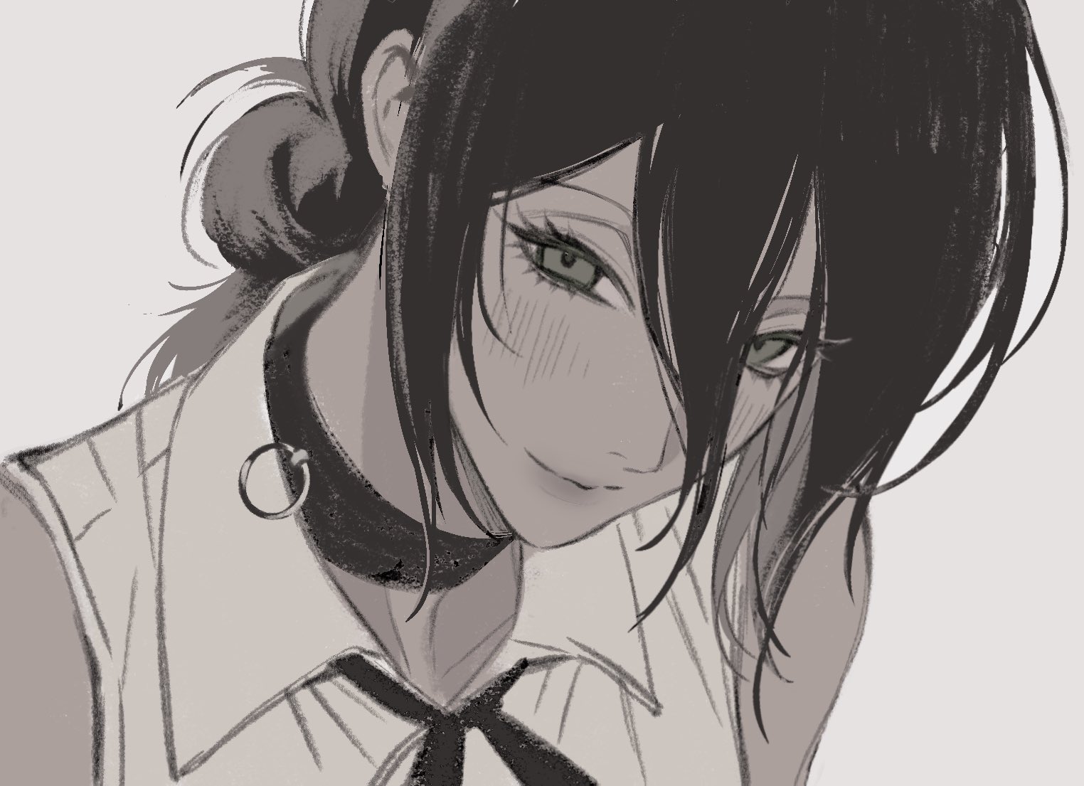 oxi206, reze (chainsaw man), chainsaw man, 1girl, choker, close-up, closed mouth, collared shirt, grenade pin, greyscale, hair between eyes, hair bun, looking at viewer, monochrome, neck ribbon, ribbon, shirt, solo
