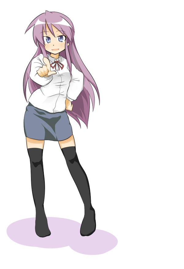 shing (sorairo factory), hiiragi kagami, hiiragi miki, lucky star, 00s, 1girl, age difference, alternate hairstyle, blue eyes, casual, female focus, long hair, mother and daughter, pencil skirt, pointing, purple hair, skirt, solo, thighhighs, zettai ryouiki