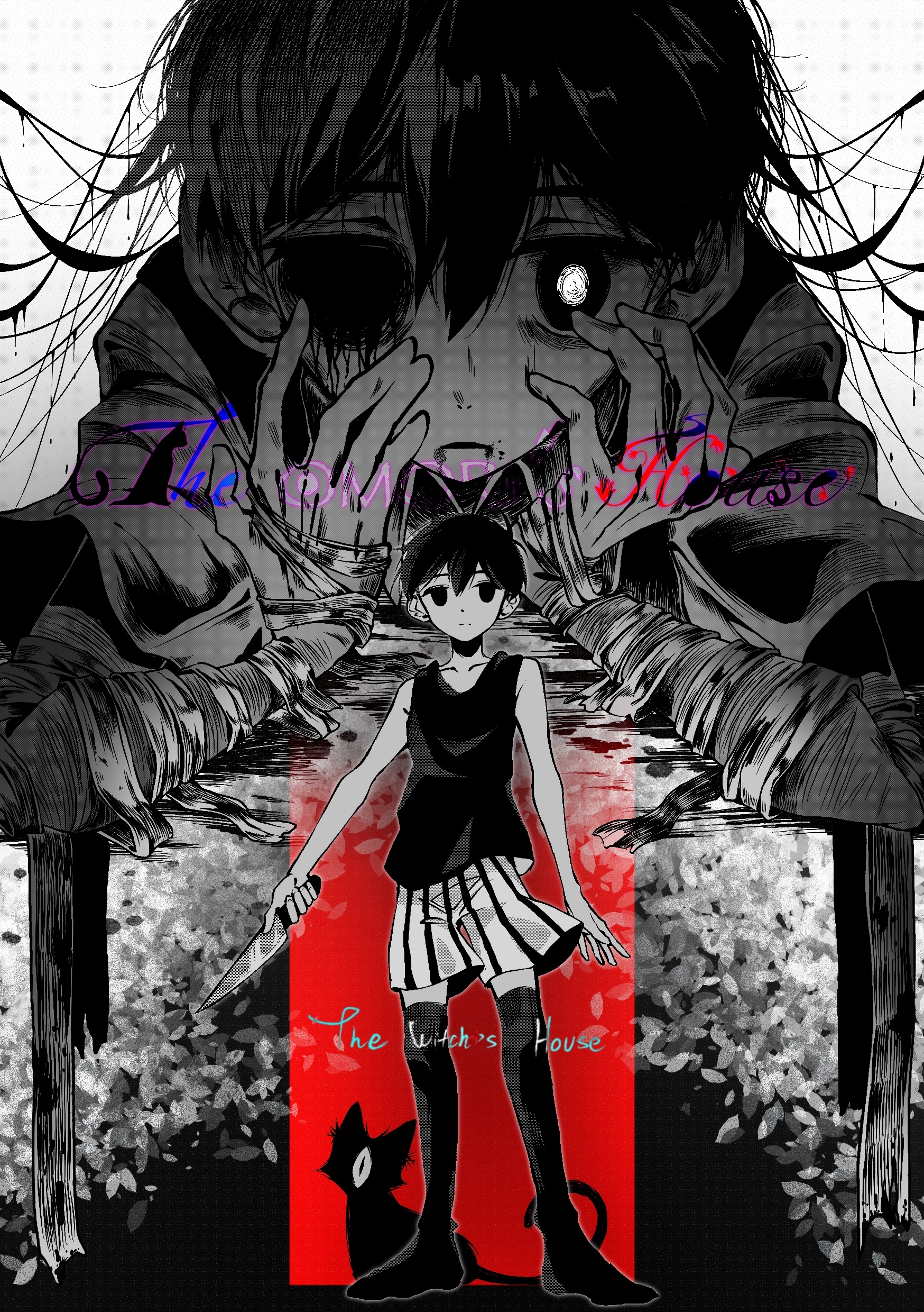 gaks030, omori (omori), sunny (omori), omori, absurdres, highres, spoilers, 2boys, antenna hair, bandaged arm, bandages, black eyes, black hair, black sweater vest, black tank top, black thighhighs, cat, closed mouth, collarbone, colored skin, double-parted bangs, dual persona, expressionless, hair between eyes, holding, holding knife, knife, looking at viewer, male focus, multiple boys, parted lips, short hair, short sleeves, shorts, standing, striped clothes, striped shorts, sweater vest, tank top, thighhighs, vertical-striped clothes, vertical-striped shorts, white shorts, white skin