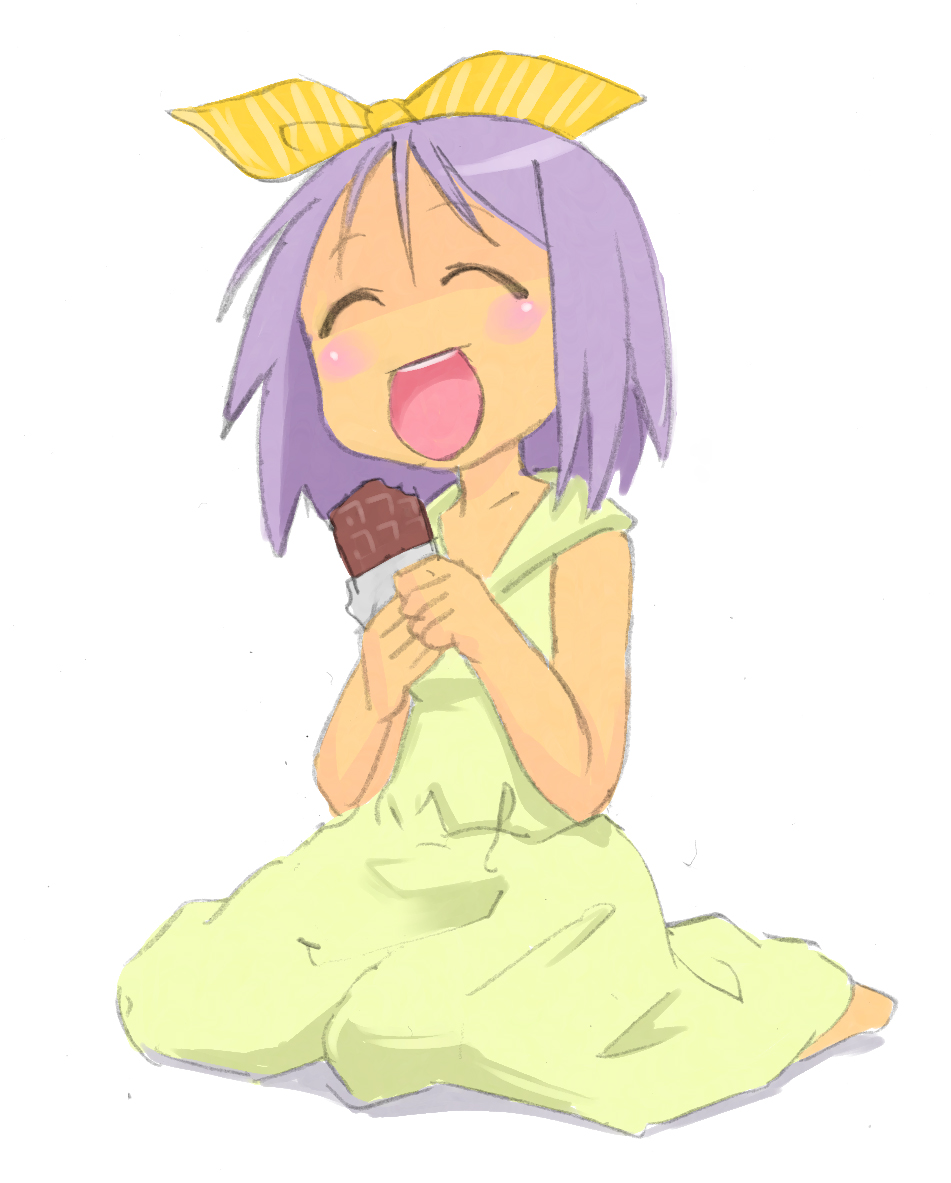 okera, hiiragi tsukasa, lucky star, 00s, 1girl, :d, ^ ^, barefoot, blush stickers, bow, candy, chocolate, chocolate bar, closed eyes, dress, eating, female focus, food, full body, hair bow, happy, open mouth, simple background, smile, solo, sundress, white background
