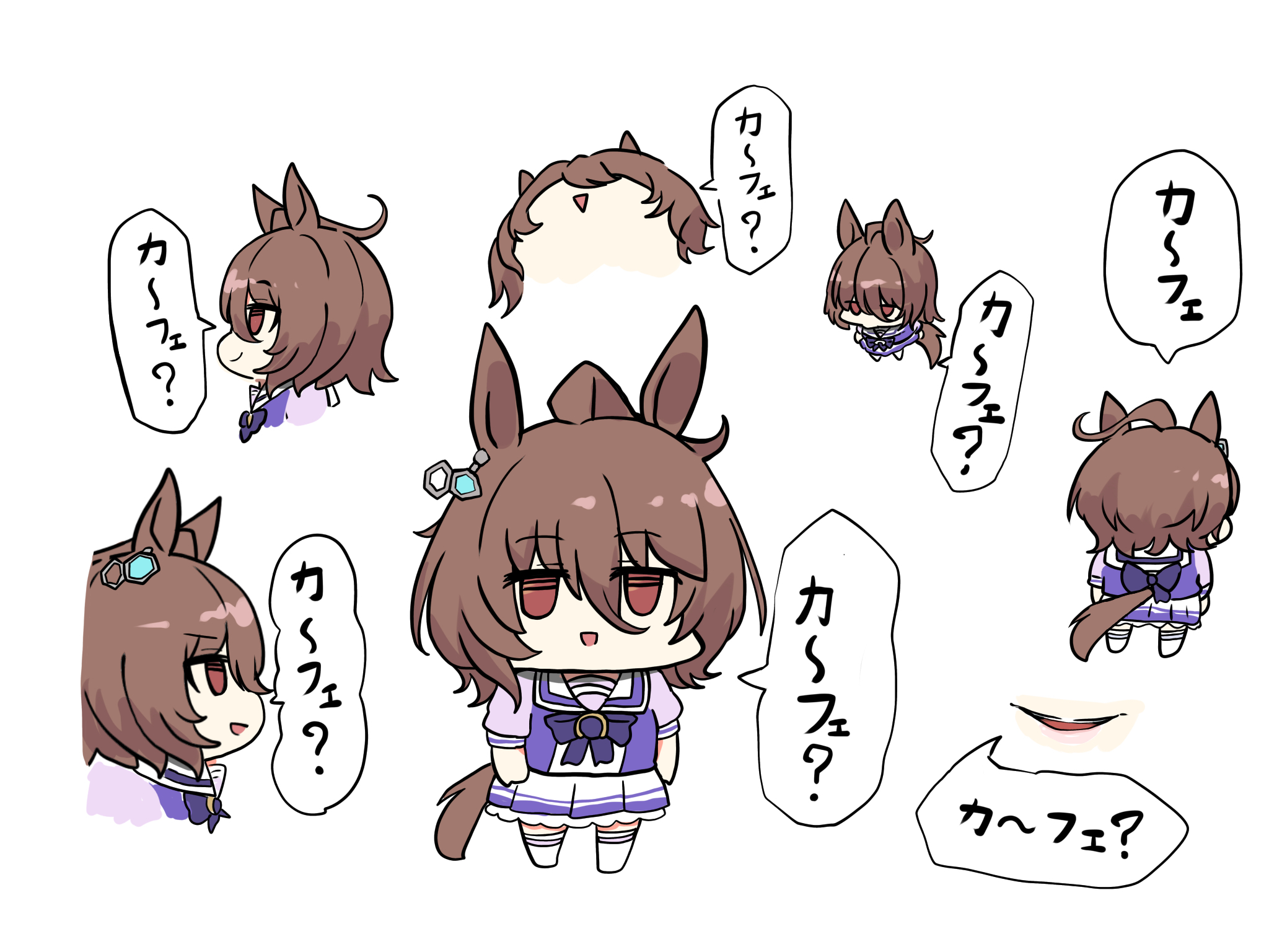 kawamochi (tddm3573), agnes tachyon (umamusume), umamusume, highres, translation request, 1girl, :d, ahoge, animal ears, bow, brown eyes, brown hair, chibi, hair between eyes, horse ears, horse girl, horse tail, multiple views, open mouth, parted lips, pleated skirt, profile, puffy short sleeves, puffy sleeves, purple bow, purple shirt, school uniform, shirt, short sleeves, simple background, skirt, smile, standing, tail, thighhighs, tracen school uniform, white background, white shirt, white thighhighs