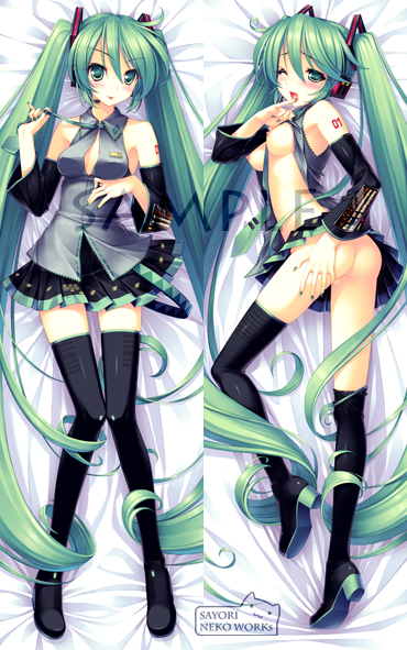 sayori (neko works), hatsune miku, vocaloid, bad id, bad pixiv id, third-party edit, 1girl, ass, breasts, dakimakura (medium), female focus, full body, long hair, lying, multiple views, nipples, no panties, open clothes, open shirt, pillow case, sample watermark, shirt, skirt, small breasts, the bed, thighhighs, very long hair, watermark, zettai ryouiki