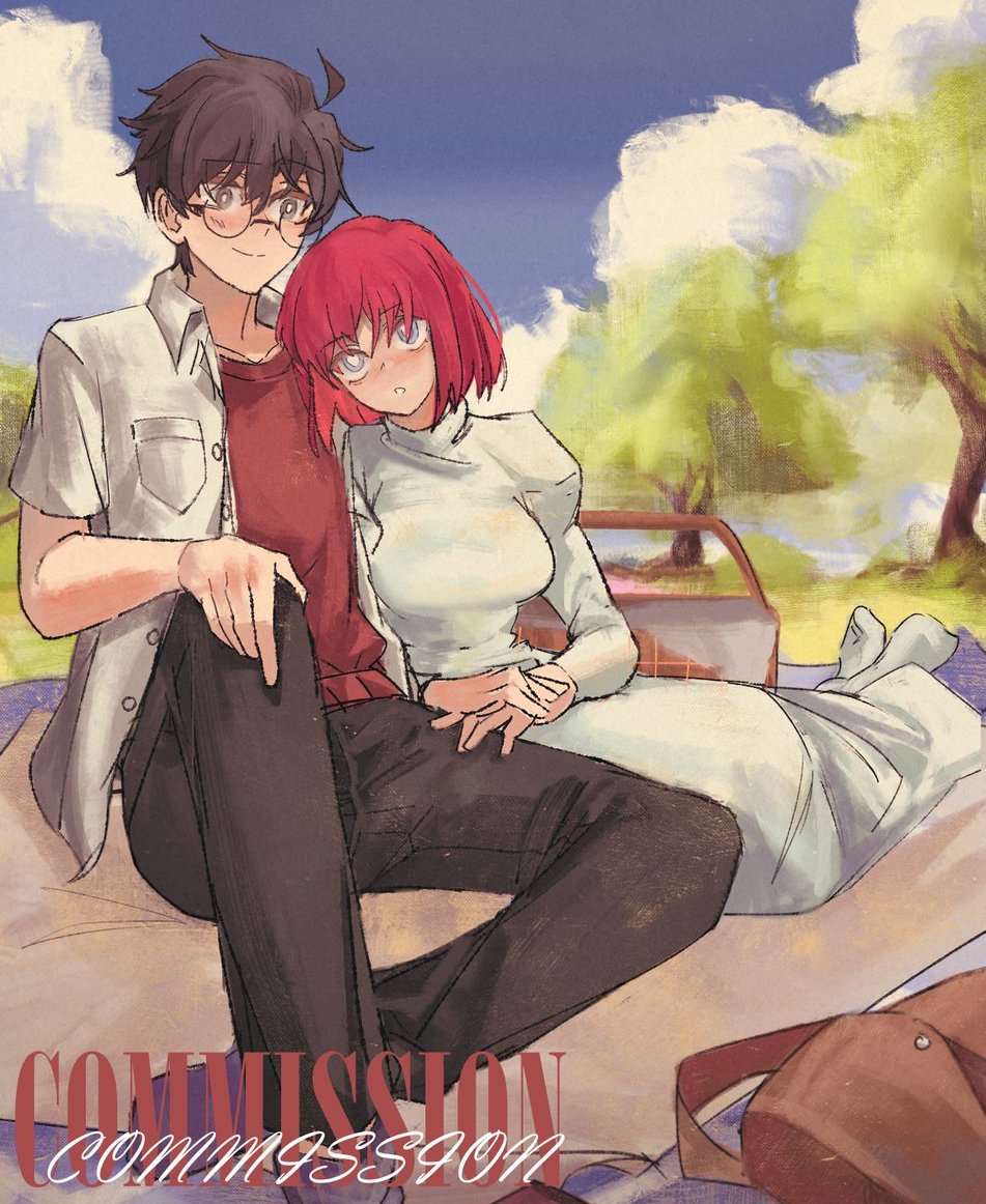 ezekquel, hisui (tsukihime), tohno shiki, tsukihime, commentary, commission, 1boy, 1girl, :o, ahoge, black hair, black pants, blue eyes, blue sky, breasts, cloud, couple, day, dress, jacket, juliet sleeves, long sleeves, looking at another, medium breasts, official alternate costume, open clothes, open jacket, outdoors, pants, picnic, picnic basket, pocket, puffy sleeves, red hair, red shirt, round eyewear, shirt, sitting, sky, tree, white dress, white jacket
