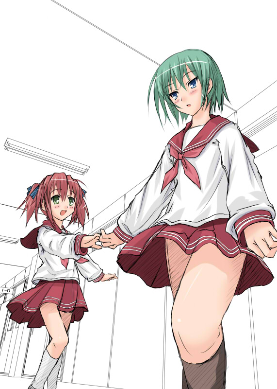 kisaragi miyu, iwasaki minami, kobayakawa yutaka, lucky star, 00s, blush, flat chest, holding hands, school uniform, serafuku