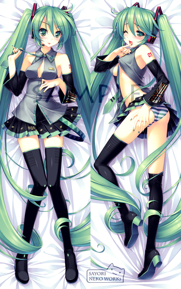 sayori (neko works), hatsune miku, vocaloid, bad id, bad pixiv id, 1girl, aqua hair, dakimakura (medium), full body, legs, long hair, multiple views, open clothes, open shirt, panties, pillow case, sample watermark, shirt, striped clothes, striped panties, thighhighs, underwear, very long hair, watermark, zettai ryouiki