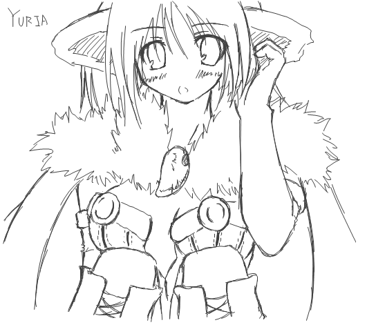 kaminagi (kaminagi-tei), alchemist (ragnarok online), ragnarok online, 1girl, alchemist, animal ears, blush, breasts, cape, cleavage, elbow gloves, female focus, gloves, greyscale, medium breasts, monochrome, solo
