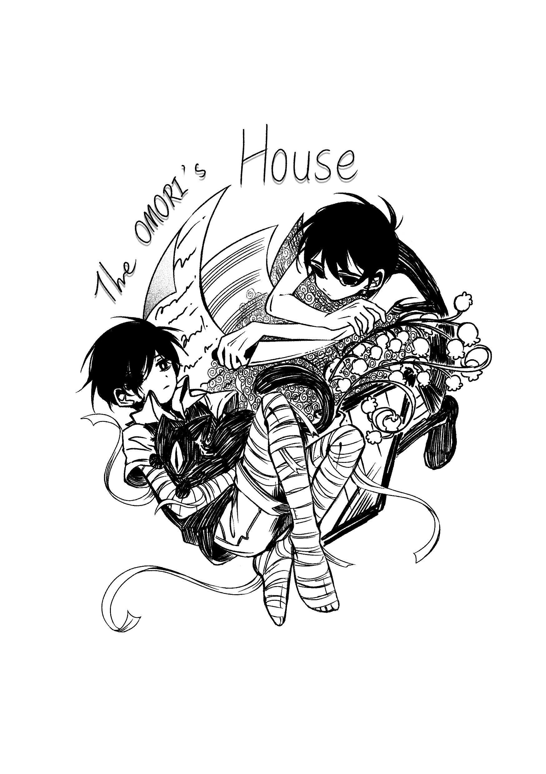 gaks030, omori (omori), sunny (omori), omori, absurdres, highres, 2boys, animal, antenna hair, bandaged leg, bandages, bright pupils, cat, closed mouth, collared shirt, dual persona, flower, greyscale, holding, holding animal, holding knife, knife, lily of the valley, looking at another, male focus, monochrome, multiple boys, sheet music, shirt, short hair, short sleeves, simple background, sweater vest, tank top, thighhighs