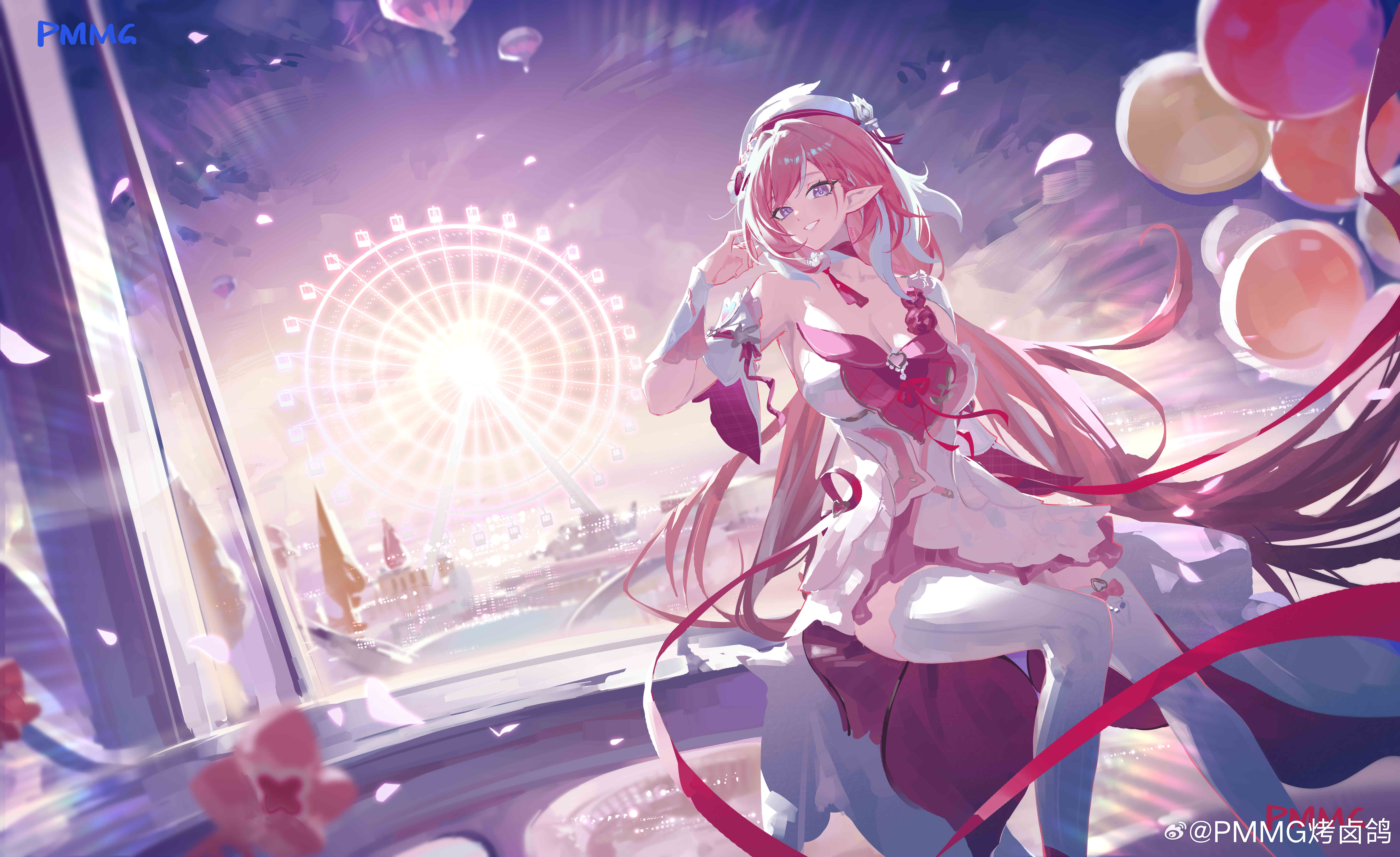 pmmg, elysia (hi love elf) (honkai impact), elysia (honkai impact), honkai (series), honkai impact 3rd, absurdres, highres, 1girl, amusement park, artist name, balloon, breasts, cleavage, diamond-shaped pupils, diamond (shape), dress, elf, ferris wheel, large breasts, long hair, multicolored hair, night, night sky, pink hair, pointy ears, purple eyes, red dress, sitting, sky, smile, solo, symbol-shaped pupils, thighhighs, two-tone dress, two-tone hair, very long hair, weibo username, white dress, white hair, white thighhighs