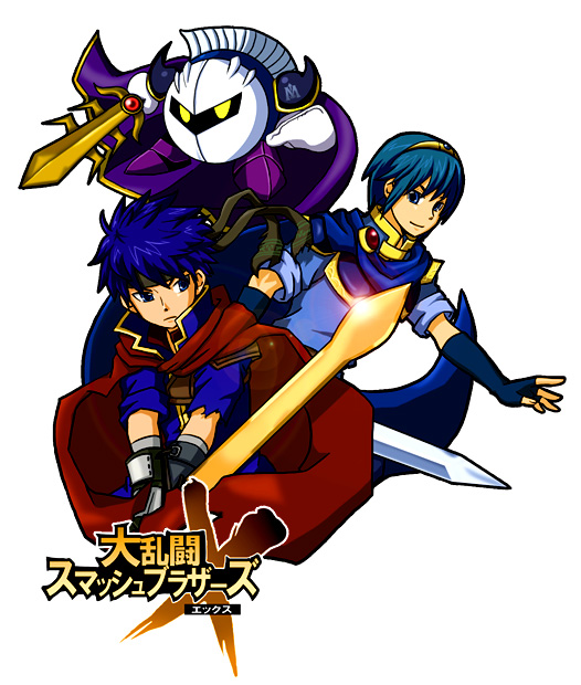 ike (fire emblem), marth (fire emblem), meta knight, fire emblem, fire emblem: mystery of the emblem, fire emblem: path of radiance, kirby (series), nintendo, super smash bros., 2boys, armor, blue eyes, blue hair, cape, fingerless gloves, galaxia (sword), gloves, hairband, headband, mask, multiple boys, simple background, smile, sword, tiara, weapon, white background, yellow eyes