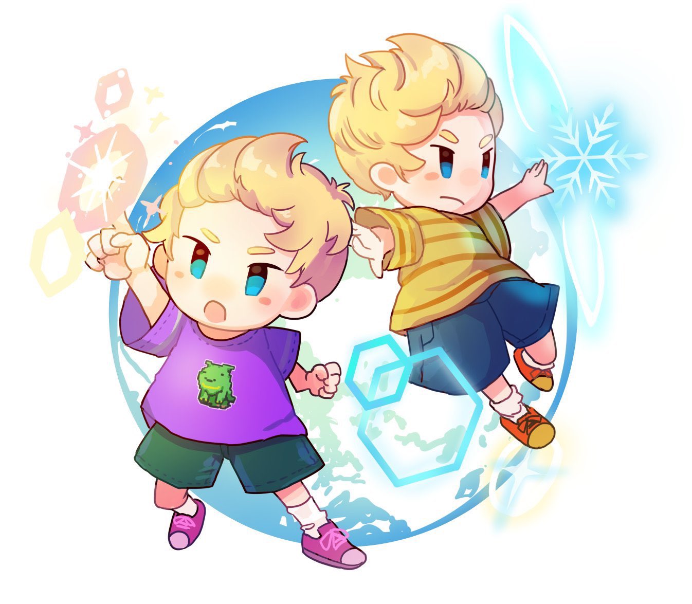 drago, lucas (mother 3), mother (series), mother 3, nintendo, super smash bros., 2boys, alternate color, blonde hair, blush stickers, character print, clenched hand, dual persona, full body, i am kimidori, male focus, multiple boys, outstretched arms, player 2, purple shirt, shirt, snowflakes, yellow shirt