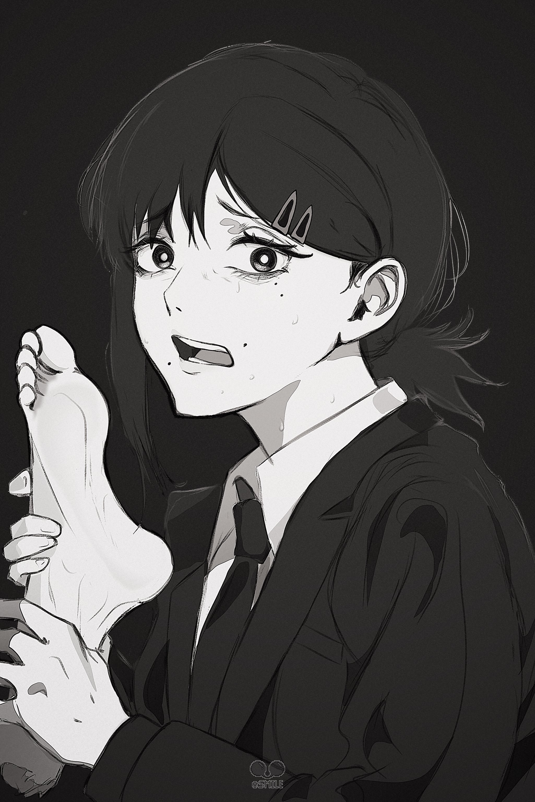 esmile, higashiyama kobeni, chainsaw man, absurdres, commentary, english commentary, highres, 1girl, collared shirt, feet, greyscale, hair ornament, hairclip, holding limb, jacket, looking at viewer, mole, mole under eye, mole under mouth, monochrome, multiple moles, necktie, open mouth, ponytail, severed head, shirt, short ponytail, single sidelock, solo, suit jacket, teeth