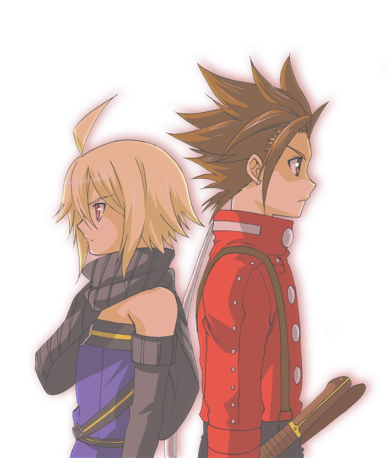 emil castagnier, lloyd irving, tales of (series), tales of symphonia, tales of symphonia: dawn of the new world, 00s, 2boys, back-to-back, blonde hair, brown eyes, brown hair, detached sleeves, male focus, multiple boys, red eyes, red shirt, scarf, shirt, sword, weapon, white background