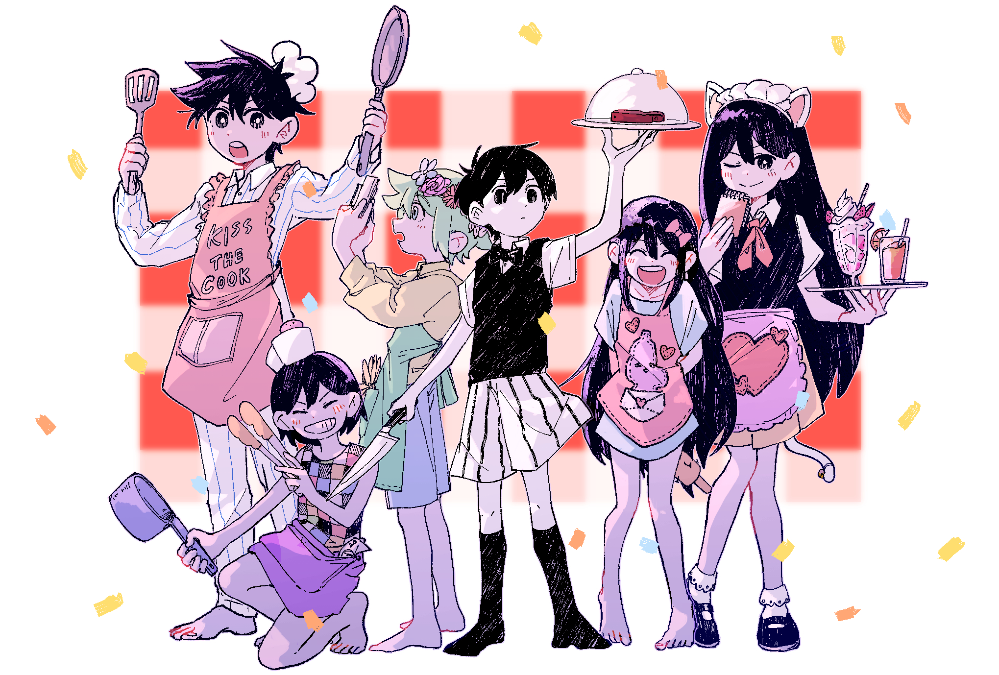 shakomori w, aubrey (headspace) (omori), aubrey (omori), basil (headspace) (omori), basil (omori), hero (headspace) (omori), hero (omori), kel (headspace) (omori), kel (omori), mari (headspace) (omori), mari (omori), mr. plantegg (omori), omori (omori), omori, commentary request, highres, 2girls, 4boys, animal ears, antenna hair, apron, arms up, barefoot, black bow, black bowtie, black eyes, black hair, black socks, black sweater vest, black tank top, bobby socks, bow, bowtie, bright pupils, brother and sister, camera, cat ears, cat tail, closed eyes, collared shirt, cooking pot, cup, drinking glass, drinking straw, fake animal ears, fake tail, flower, food, frying pan, green apron, green eyes, green hair, grin, hair bow, head wreath, holding, holding camera, holding cooking pot, holding frying pan, holding knife, holding notepad, holding plate, holding spatula, holding tray, kneehighs, knife, long hair, long sleeves, looking at viewer, maid headdress, mary janes, multiple boys, multiple girls, neckerchief, notepad, official alternate costume, one eye closed, open mouth, pajamas, parted lips, pet rock, pink apron, pink bow, plate, purple eyes, purple hair, red neckerchief, shirt, shoes, short hair, shorts, siblings, smile, socks, spatula, squatting, standing, steak, sweater vest, tail, tank top, teeth, tray, upper teeth only, white pupils, white shirt, white shorts, white socks, yellow shirt