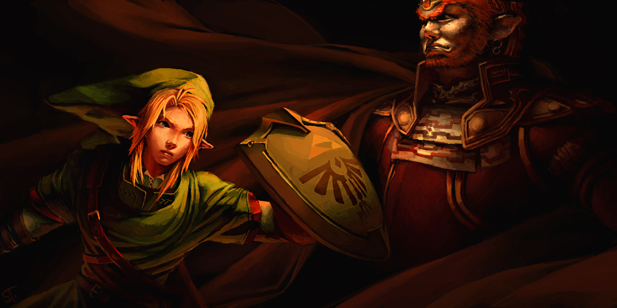 ganondorf, link, nintendo, the legend of zelda, 2boys, armor, beard, blonde hair, cape, facial hair, fighting, hat, hylian shield, male focus, multiple boys, pointy ears, red hair, shield, yellow eyes