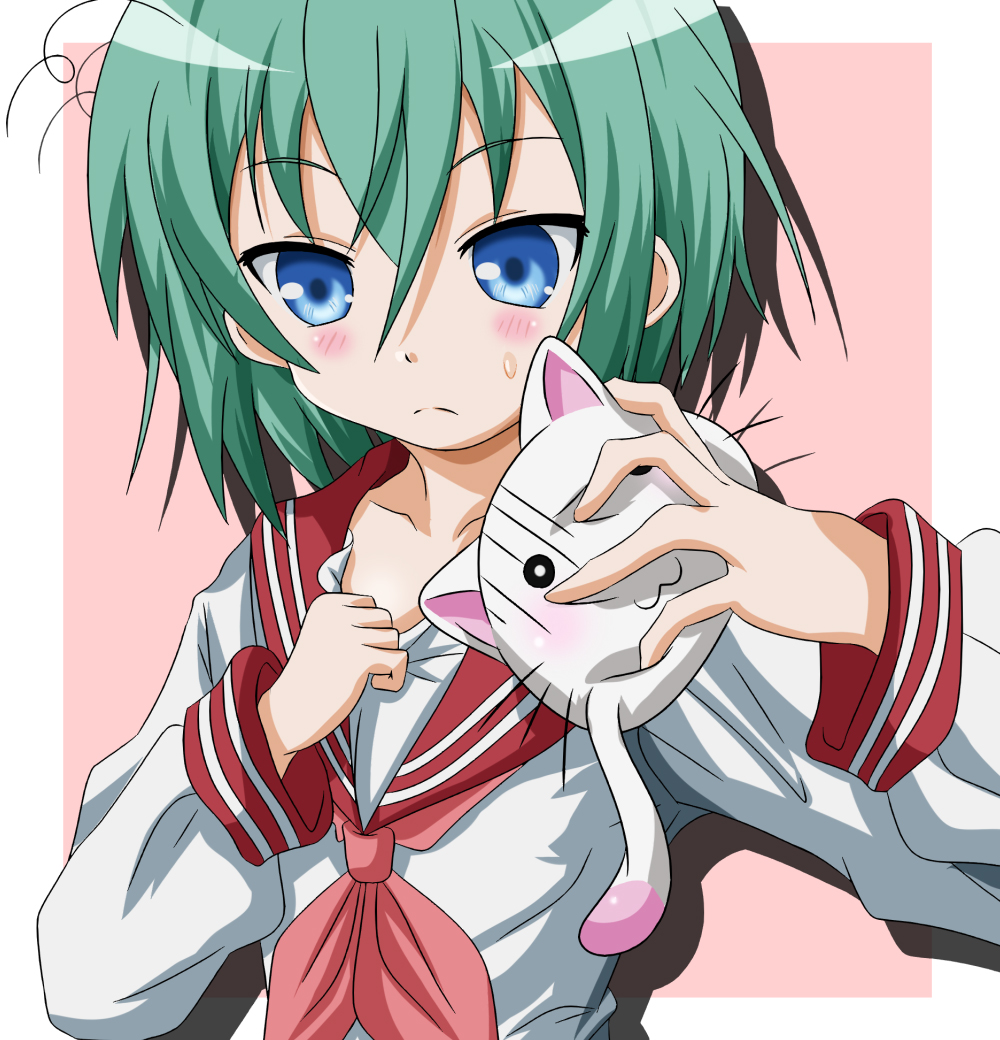takumi (rozen garten), iwasaki minami, nyamou, lucky star, 00s, blue eyes, blush, cathead, flat chest, green hair, school uniform, serafuku, short hair, solo