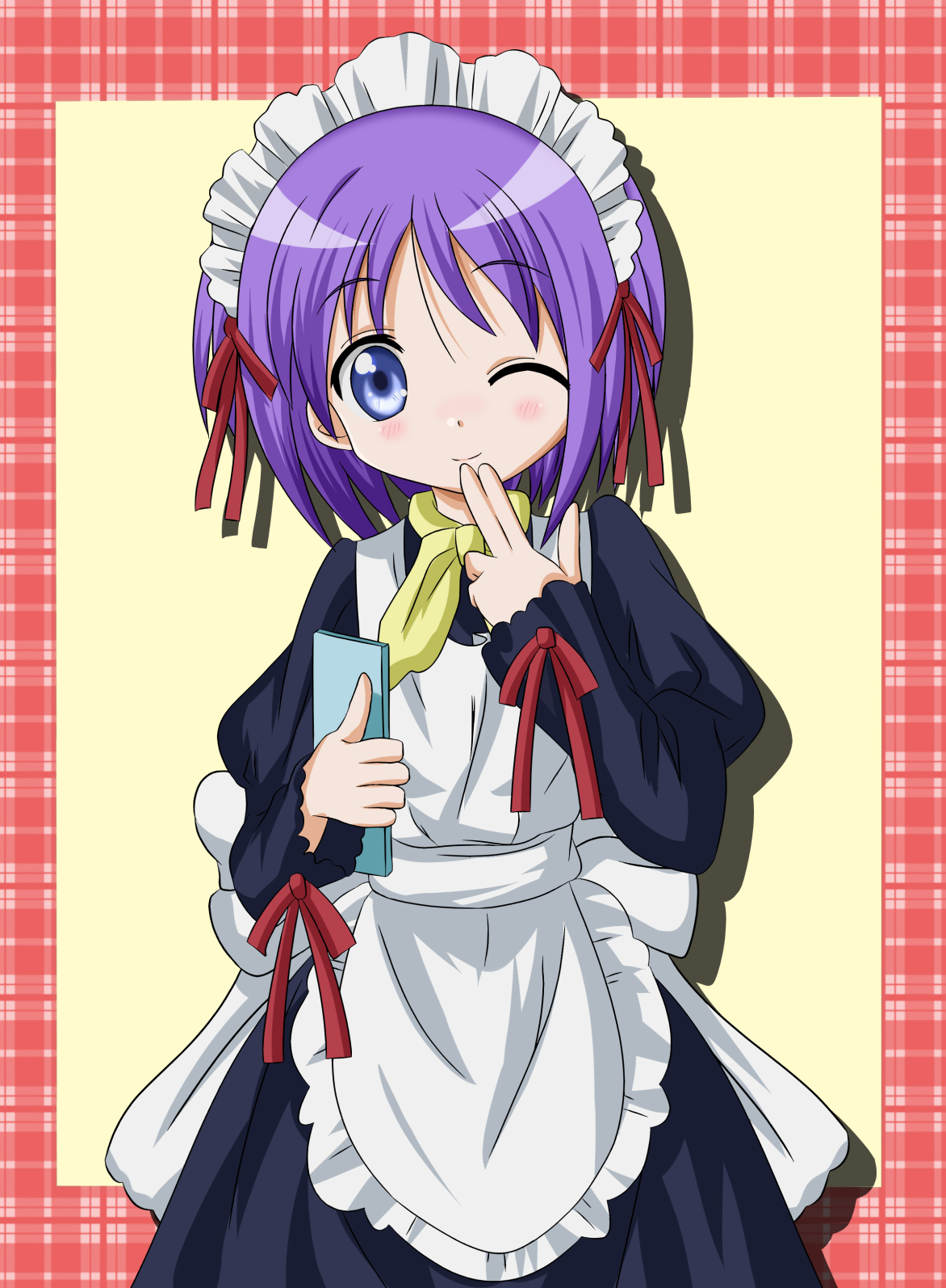 takumi (rozen garten), hiiragi tsukasa, lucky star, highres, 00s, alternate costume, blue eyes, enmaided, maid, one eye closed, purple hair, short hair, solo, wink