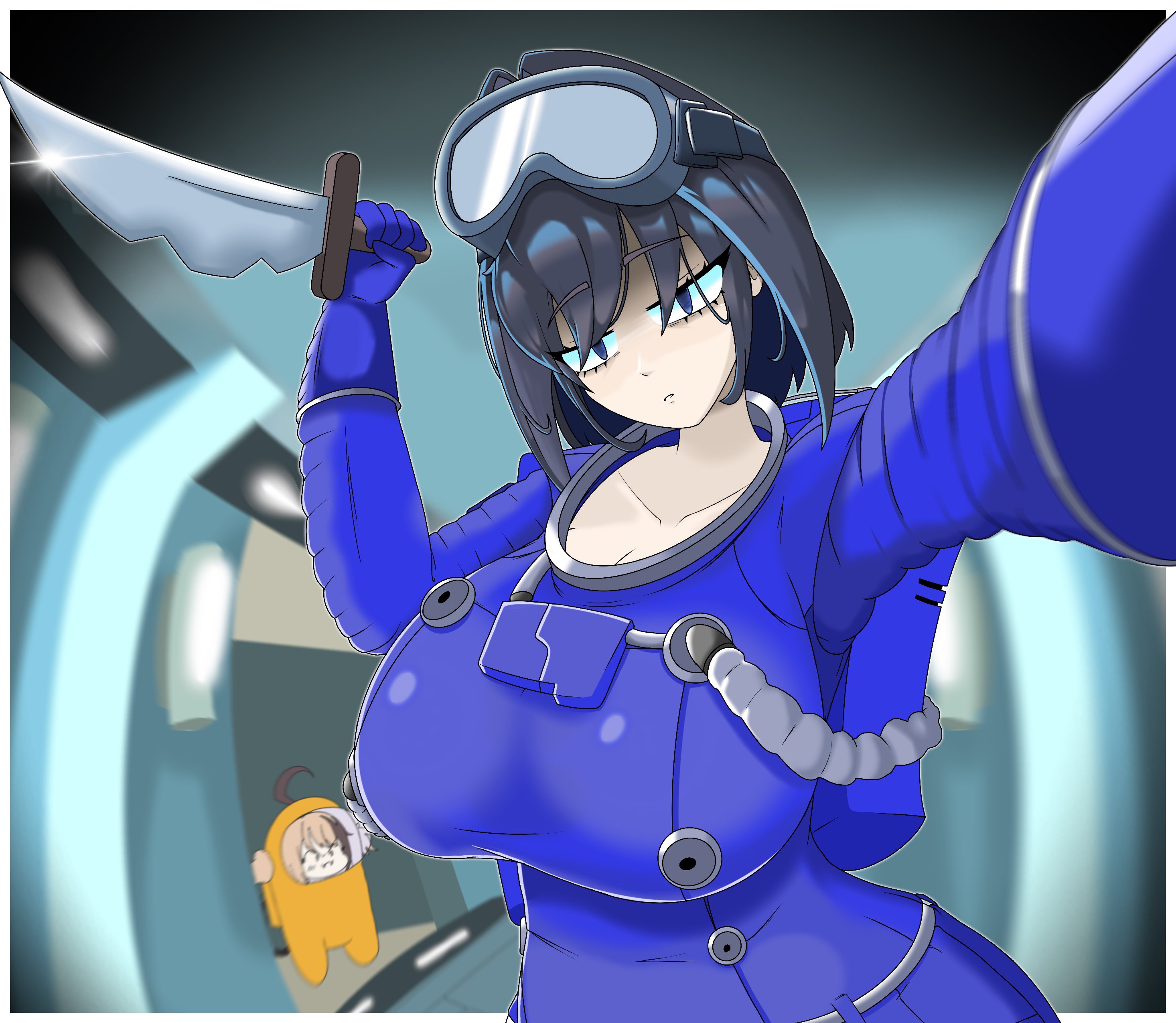 themastersos, blue (among us), crewmate (among us), gigi murin, orange (among us), among us, hololive, hololive english, absurdres, highres, ahoge, blue (among us) (cosplay), blue eyes, blue hair, breasts, brown hair, colored inner hair, cosplay, crewmate (among us) (cosplay), hair intakes, holding, holding knife, holding weapon, knife, large breasts, looking at viewer, multicolored hair, orange (among us) (cosplay), short hair, spacesuit, two-tone hair, virtual youtuber, weapon