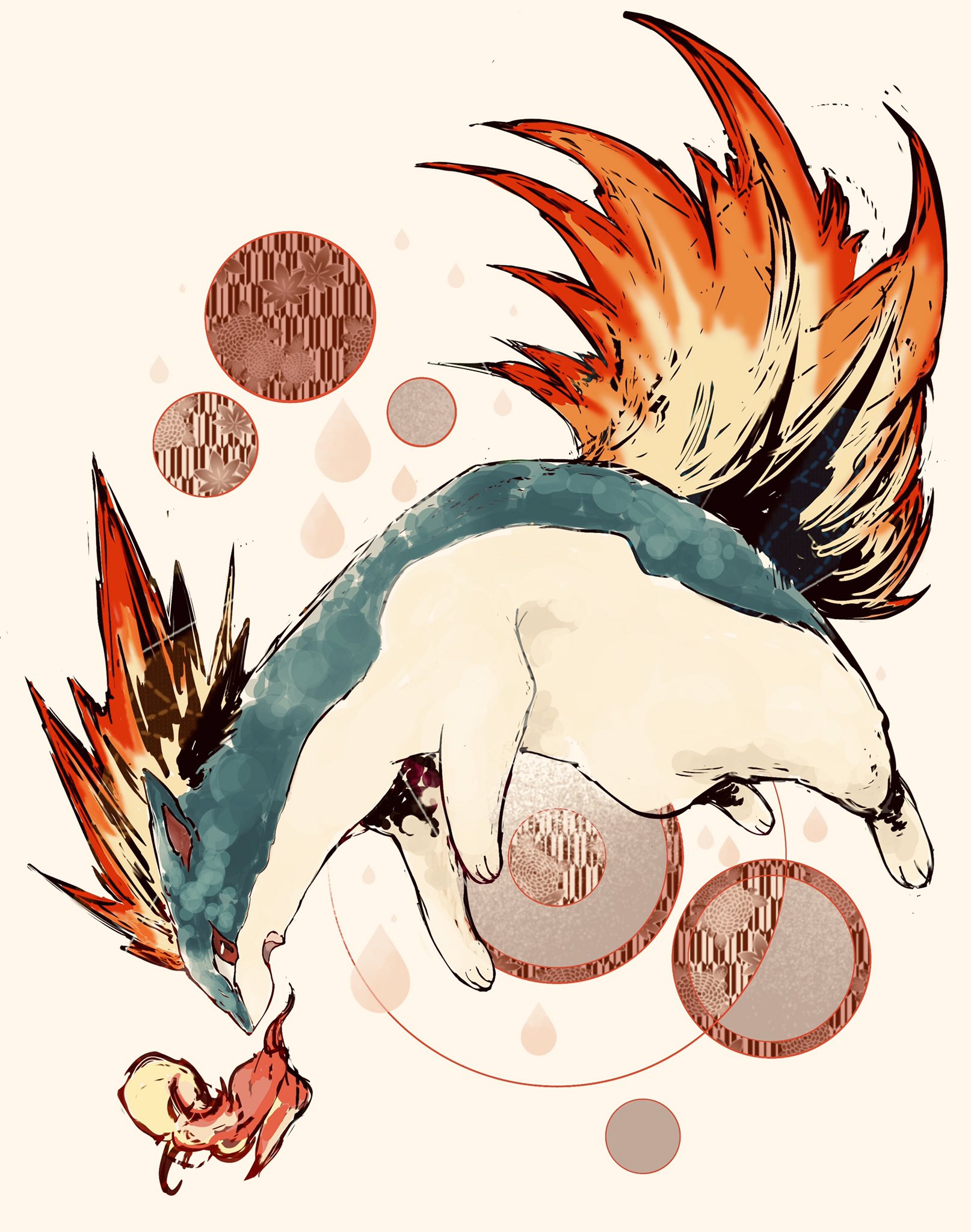 bwmtk1110, quilava, nintendo, pokemon, highres, animal focus, animal hands, blue fur, fiery tail, fire, fluffy, full body, gen 2 pokemon, looking at viewer, no humans, open mouth, pokemon (creature), pokemon focus, red eyes, simple background, solo, standing, tail, white background, yellow fur