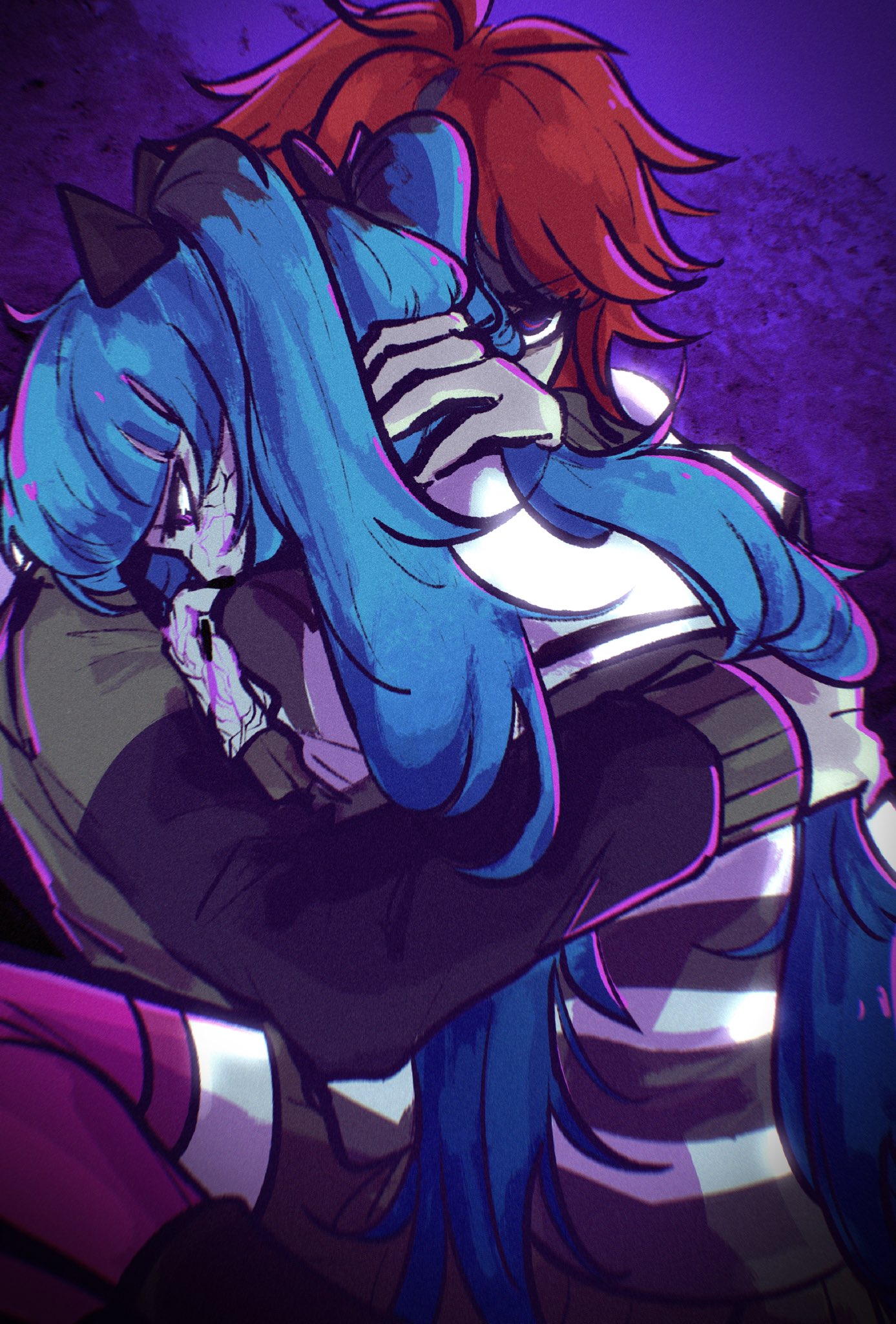 amemiya darumi, sumino takumi, the hundred line -last defense academy-, highres, spoilers, 1boy, 1girl, arms around neck, azouries, black hair, blue hair, cracked skin, hair ribbon, hug, long hair, purple background, purple eyes, red hair, ribbon, skirt, striped clothes, twintails