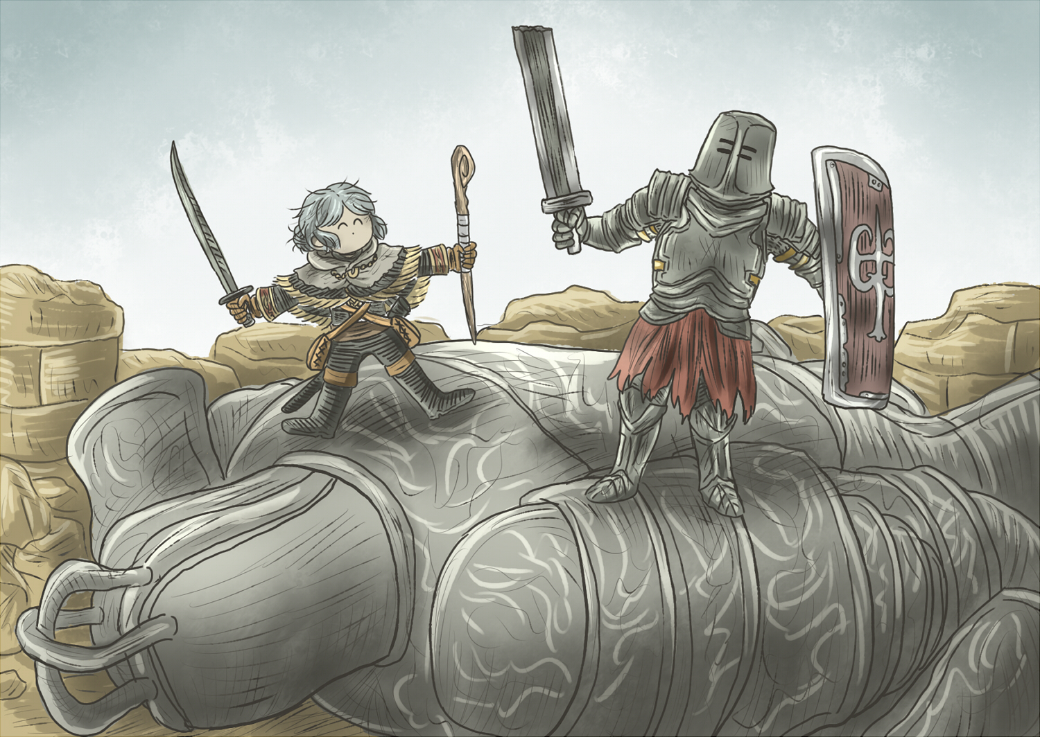 chosen undead, iron golem (dark souls), iron tarkus, dark souls (series), dark souls i, commentary request, 1boy, 1girl, armor, armored boots, black pants, black tunic, boots, breastplate, closed eyes, empthylee, full body, gauntlets, golem, grey hair, helm, helmet, holding, holding shield, holding staff, holding sword, holding weapon, knight, messy hair, pants, shield, short hair, staff, standing, sword, tunic, weapon
