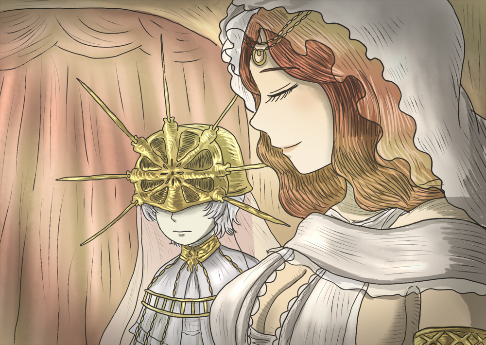 dark sun gwyndolin, queen of sunlight gwynevere, dark souls (series), dark souls i, commentary request, 1boy, 1girl, breasts, brother and sister, brown hair, cleavage, closed eyes, closed mouth, crown, dress, empthylee, girl staring at guy's chest (meme), grey hair, large breasts, long hair, meme, siblings, smile, upper body, veil, white dress