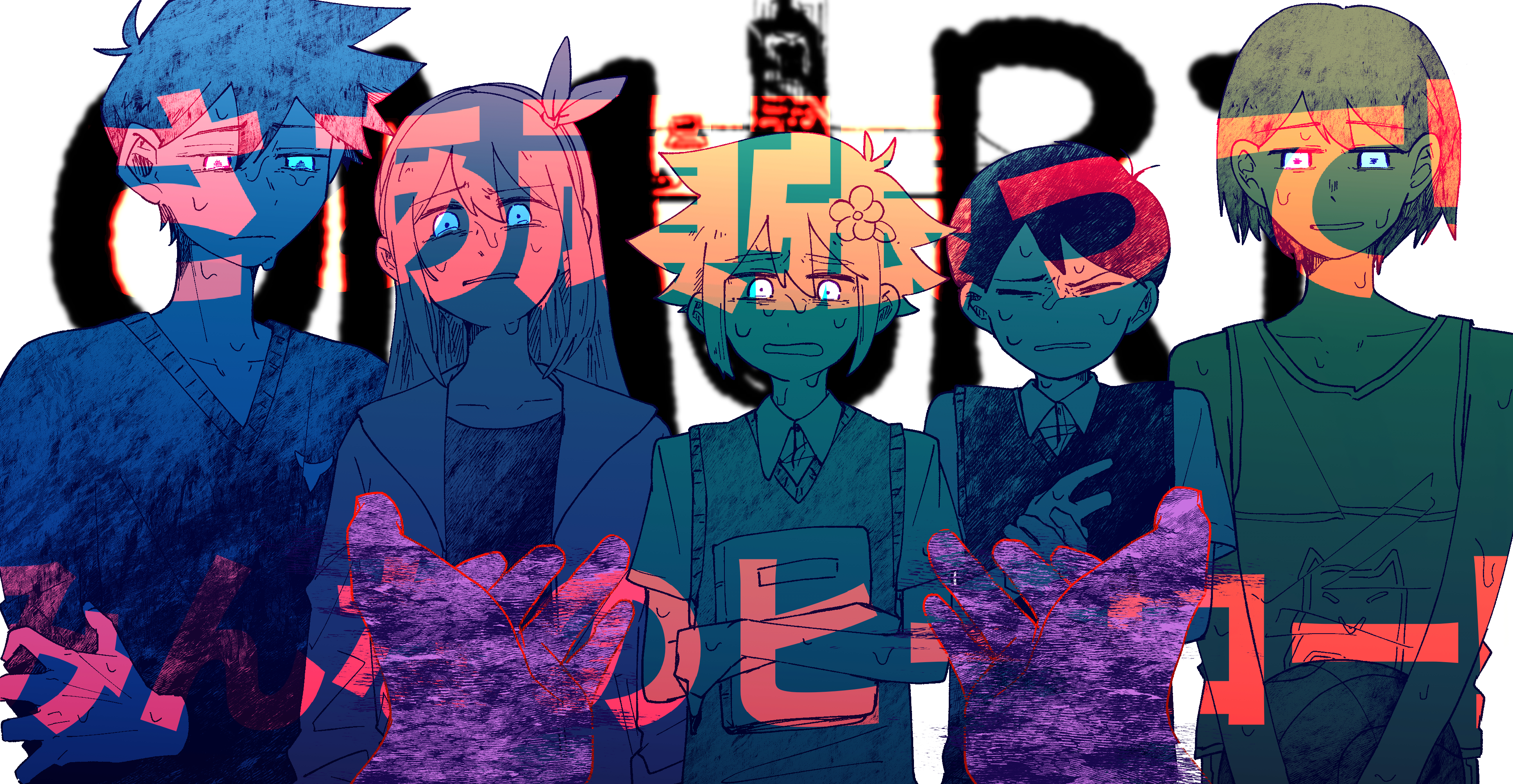 shakomori w, aubrey (faraway) (omori), aubrey (omori), basil (faraway) (omori), basil (omori), hero (faraway) (omori), hero (omori), kel (faraway) (omori), kel (omori), omori (omori), omori, absurdres, highres, translation request, 1girl, 5boys, ball, basketball (object), book, closed eyes, closed mouth, collarbone, collared shirt, copyright name, crop top, crossed arms, crying, crying with eyes open, disembodied hand, flower, hair flower, hair ornament, hairband, holding, holding ball, holding book, jacket, limited palette, long hair, long sleeves, looking at viewer, multiple boys, shirt, short hair, sweater, sweater vest, tears