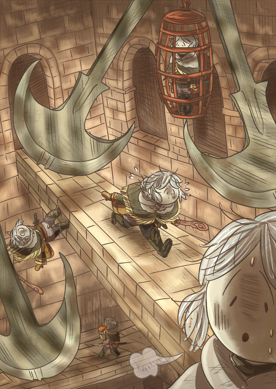 chosen undead, dark souls (series), dark souls i, commentary request, highres, 1girl, black boots, black eyes, boots, bridge, cage, capelet, empthylee, estus flask, fortress, fringe trim, full body, grey capelet, grey hair, indoors, messy hair, multiple views, short hair, swinging weapon, walking