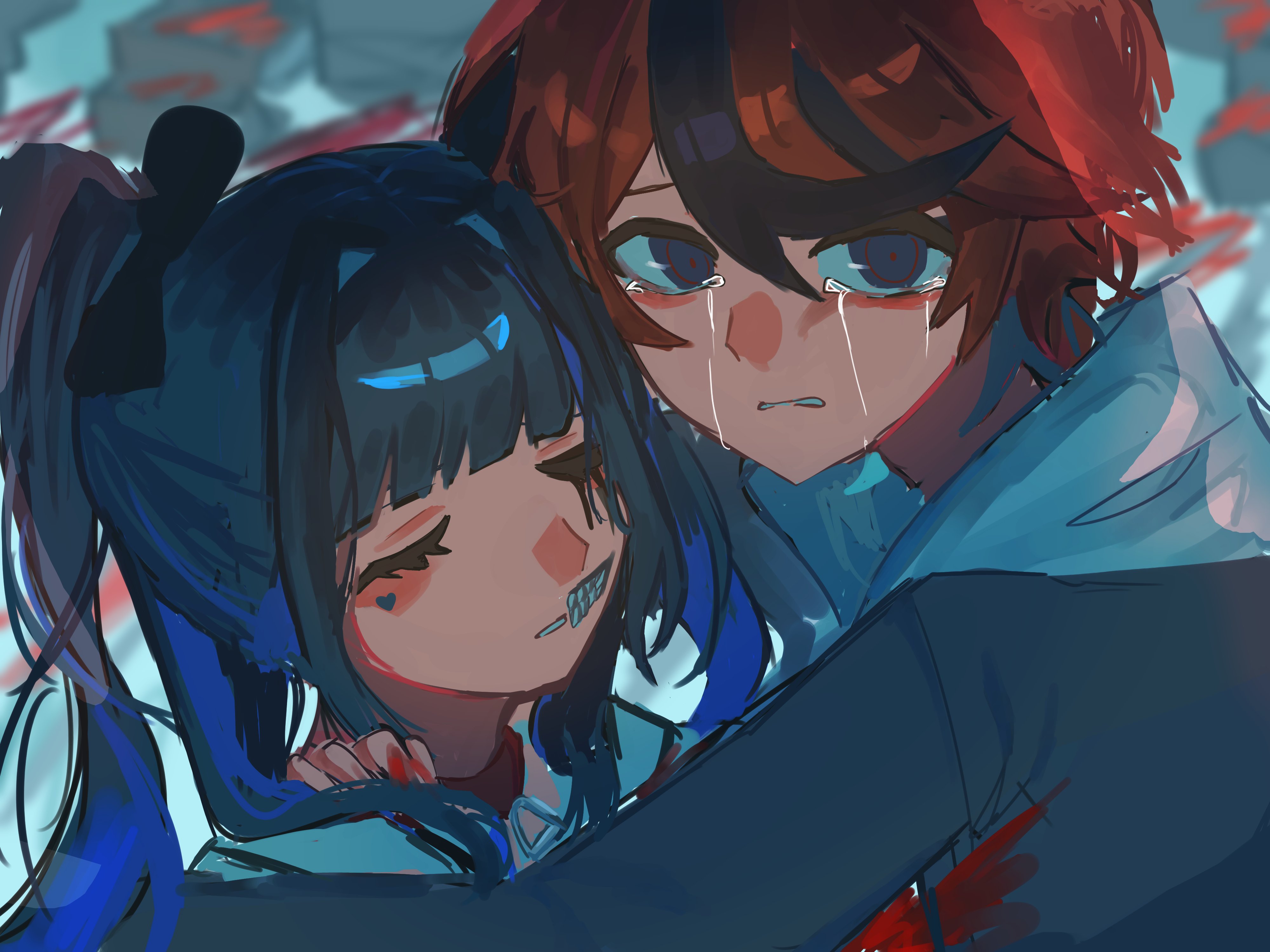 amemiya darumi, sumino takumi, the hundred line -last defense academy-, absurdres, highres, 1boy, 1girl, black hair, black ribbon, black streaks, blue hair, closed eyes, crying, crying with eyes open, facial mark, heart, heart facial mark, hood, hoodie, makeup, multicolored hair, otomegmefoxy, red hair, ribbon, runny makeup, tears, two-tone hair