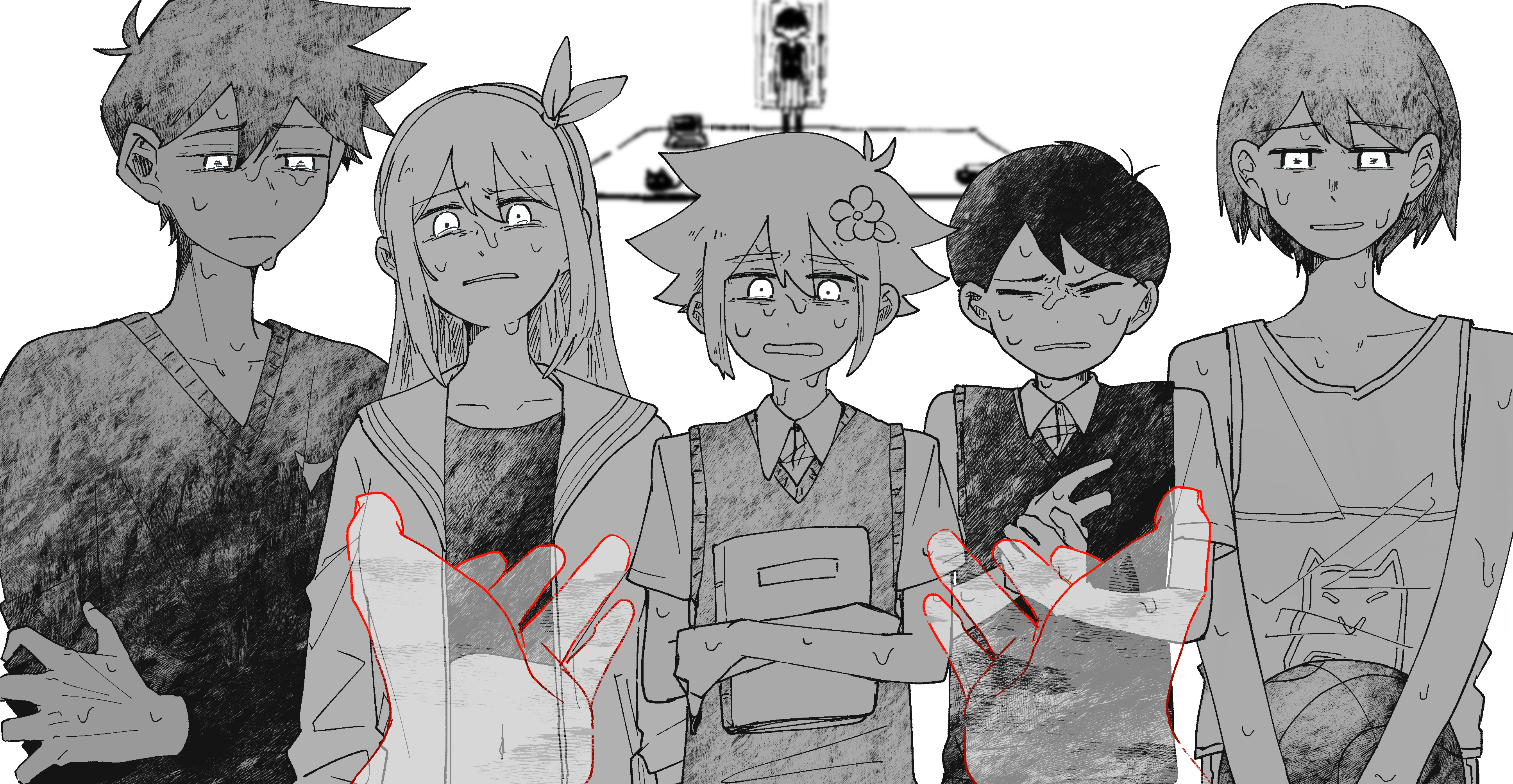 shakomori w, aubrey (faraway) (omori), aubrey (omori), basil (faraway) (omori), basil (omori), hero (faraway) (omori), hero (omori), kel (faraway) (omori), kel (omori), omori (omori), omori, absurdres, highres, 1girl, 5boys, antenna hair, ball, basketball (object), book, closed eyes, closed mouth, collarbone, collared shirt, crop top, crossed arms, crying, crying with eyes open, disembodied hand, flower, greyscale, hair flower, hair ornament, hairband, holding, holding ball, holding book, jacket, long hair, long sleeves, looking at viewer, monochrome, multiple boys, shirt, short hair, sweater, sweater vest, tears