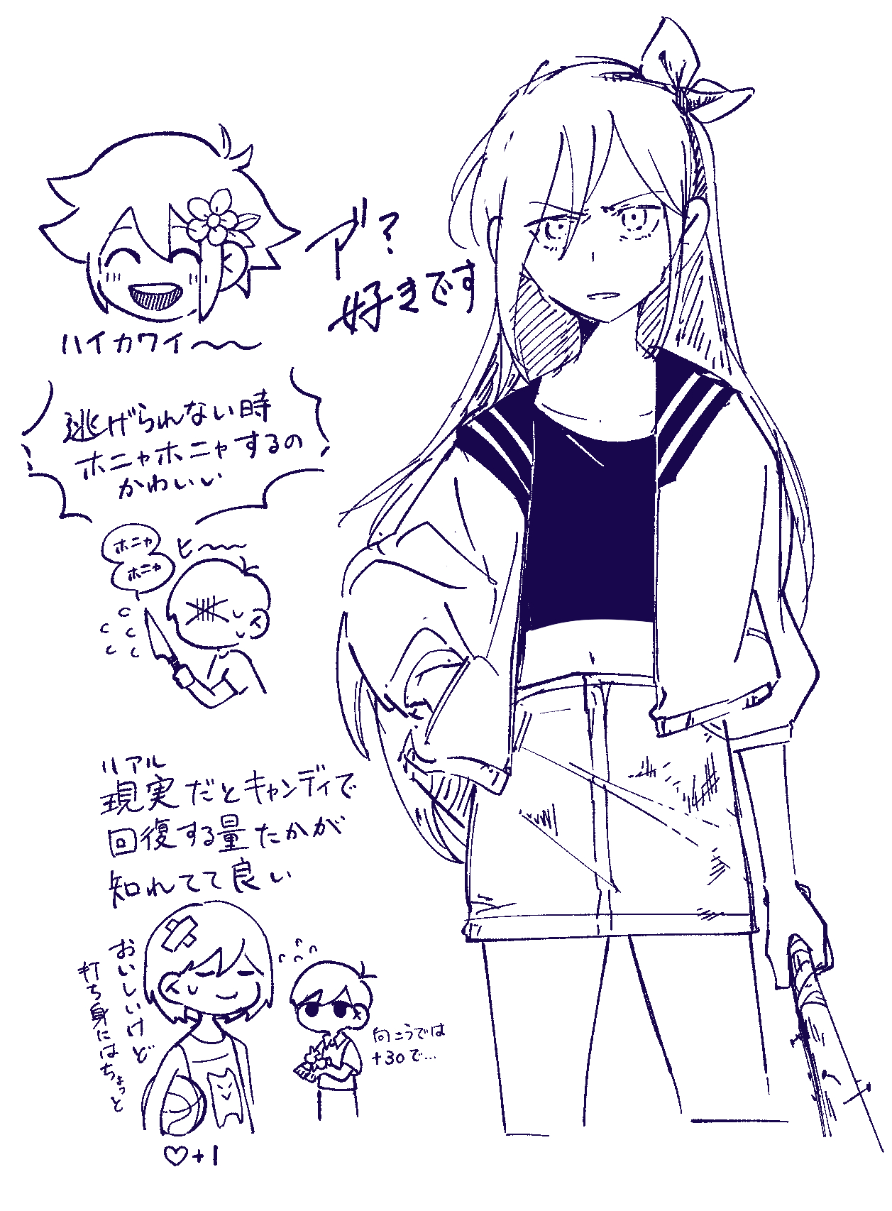 shakomori w, aubrey (faraway) (omori), aubrey (omori), basil (faraway) (omori), basil (omori), kel (faraway) (omori), kel (omori), sunny (omori), omori, highres, translation request, 1girl, 3boys, ball, baseball bat, basketball (object), blush, candy, chibi, closed eyes, closed mouth, crossed bandaids, flying sweatdrops, food, hairband, holding, holding ball, holding baseball bat, holding candy, holding food, holding knife, knife, long hair, monochrome, multiple boys, nail (hardware), nail bat, open mouth, parted lips, short hair, sketch, smile, speech bubble, sweatdrop, teeth, upper teeth only