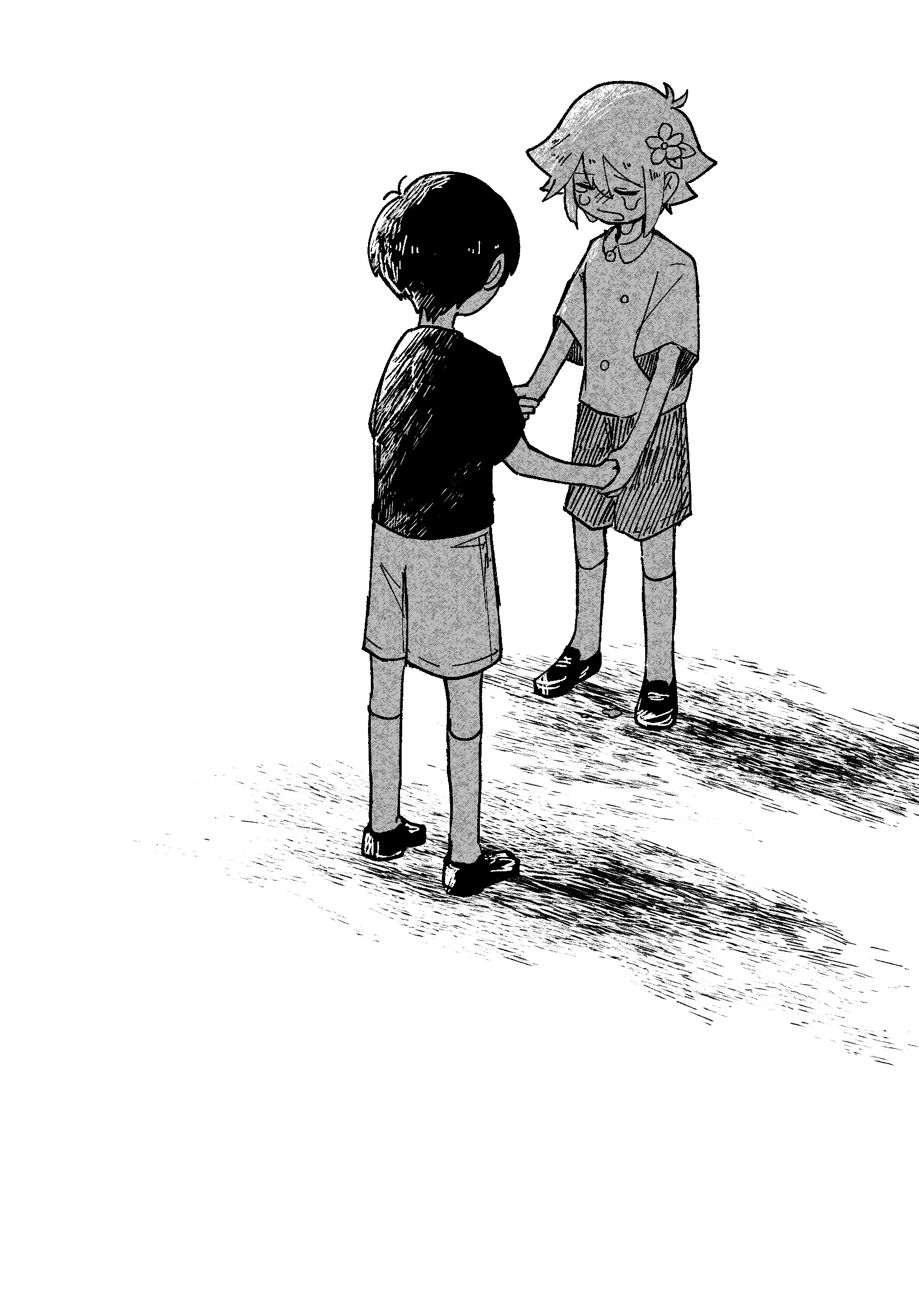 shakomori w, basil (faraway) (omori), basil (omori), sunny (omori), omori, highres, 2boys, antenna hair, collared shirt, crying, flower, greyscale, hair flower, hair ornament, holding hands, loafers, looking at another, male focus, monochrome, multiple boys, open mouth, shirt, shoes, short hair, short sleeves, shorts, socks, standing
