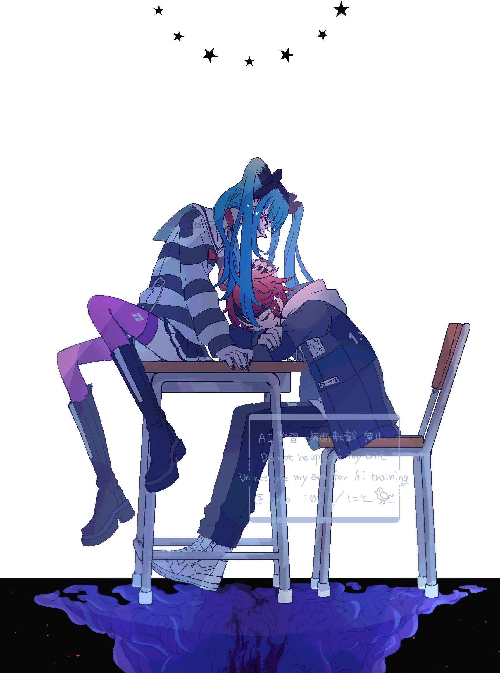 nito, amemiya darumi, sumino takumi, the hundred line -last defense academy-, commentary request, highres, 1boy, 1girl, black streaks, desk, fingernails, hand on another's head, jacket, jacket over hoodie, multicolored hair, multicolored jacket, pink eyes, red hair, reflective floor, roots (hair), school desk, skirt, sleeping, streaked hair, striped clothes, thighhighs, twintails, two-tone jacket, white background