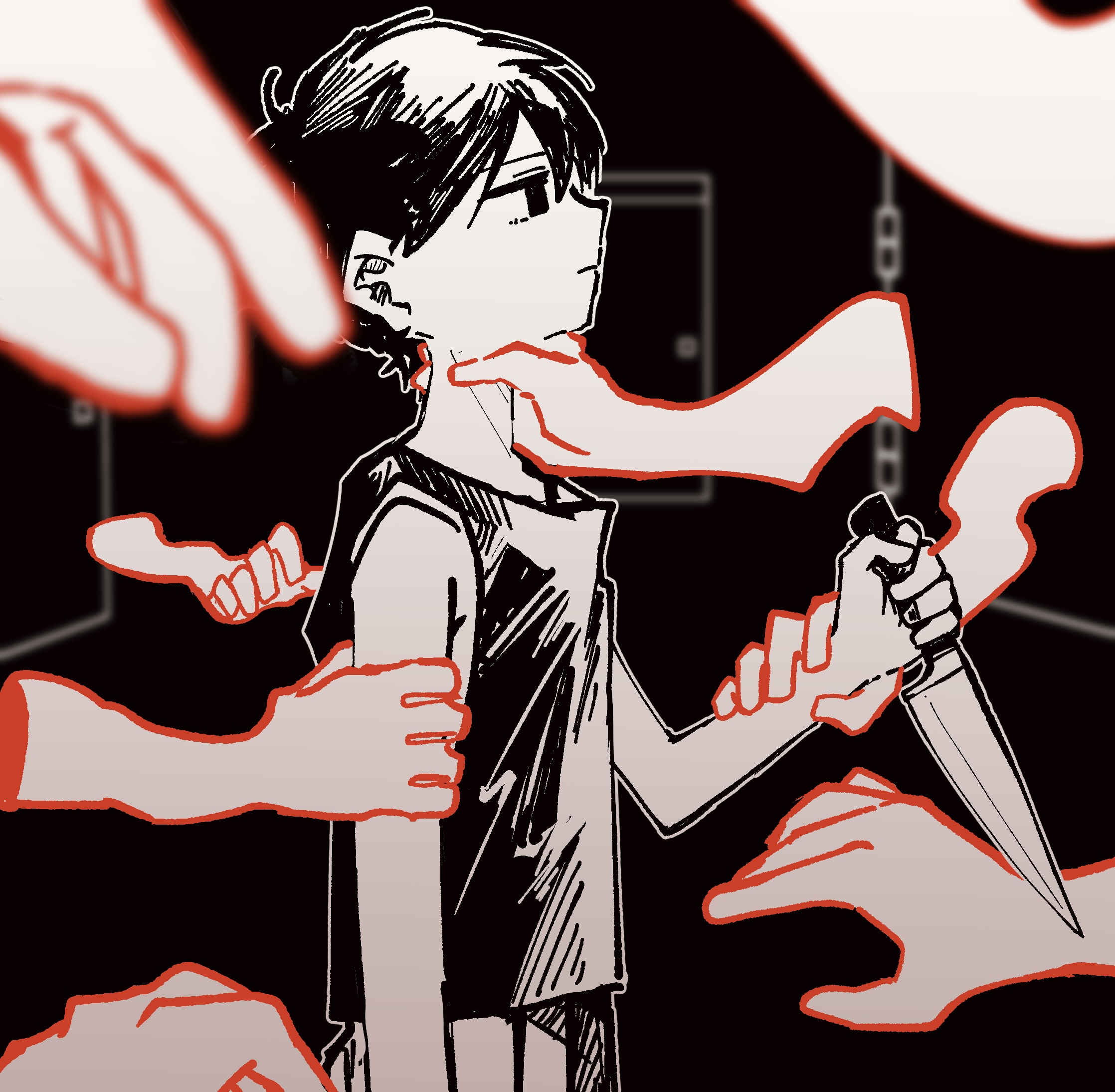 shakomori w, omori (omori), omori, highres, 1boy, black eyes, black hair, black tank top, closed mouth, door, expressionless, from side, hair behind ear, holding, holding knife, knife, male focus, profile, short hair, shorts, solo, surrounded by hands, tank top, white shorts