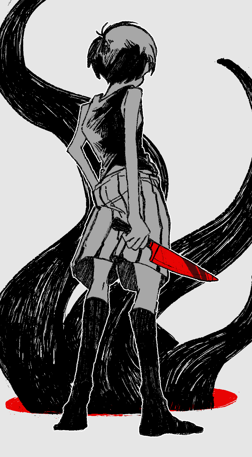 shakomori w, omori (omori), omori, highres, 1boy, antenna hair, black hair, black socks, black tank top, colored skin, from behind, full body, holding, holding knife, kneehighs, knife, male focus, shorts, socks, solo, tank top, white shorts, white skin