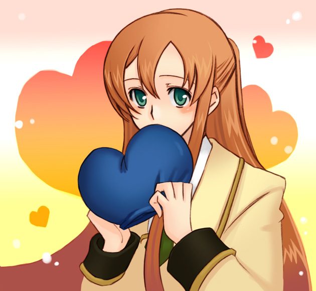 shirojiro shiro, shirley fenette, code geass, 00s, aqua eyes, blush, hat, heart, long hair, orange hair, school uniform, solo