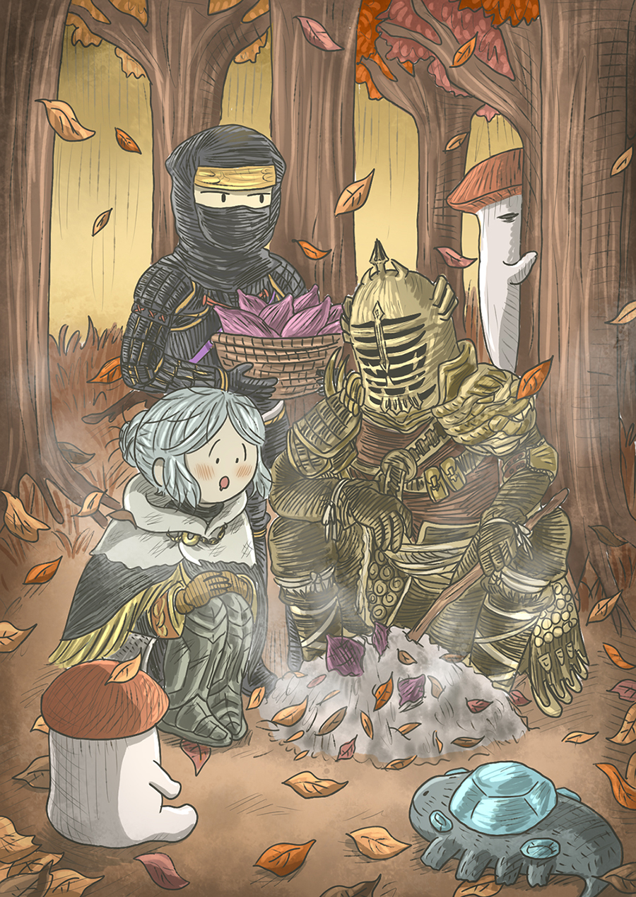 chosen undead, mushroom child, mushroom parent, shiva of the east, dark souls (series), dark souls i, commentary request, highres, 1girl, 2boys, armored boots, autumn leaves, black gloves, blush, boots, crystal lizard (fromsoftware), empthylee, falling leaves, food, forest, full body, gloves, grey hair, helm, helmet, knight, leaf, lizard, multiple boys, mushroom, nature, ninja, open mouth, roasted sweet potato, short hair, sitting, sweet potato, tree