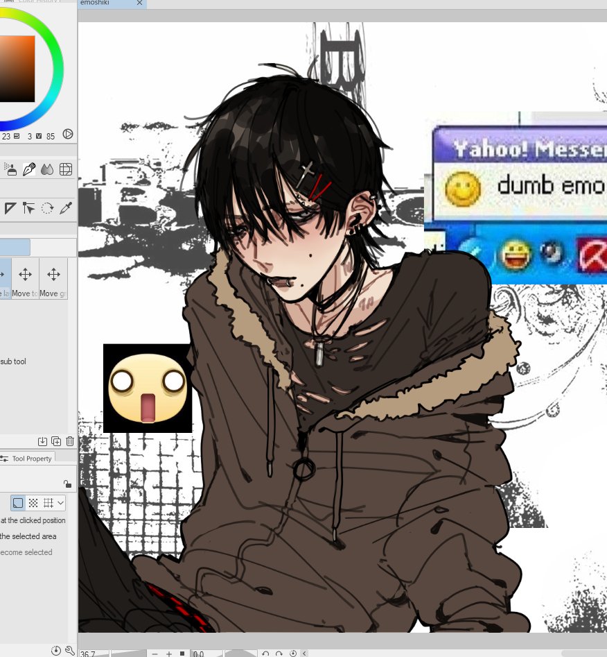 floatyart, tsujinaka yoshiki, hikaru ga shinda natsu, alternate costume, black hair, emo fashion, goth fashion, hair ornament, hairclip, male focus, mole, mole on cheek, multiple moles, shirt, short hair