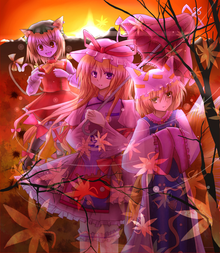 doranko, kanchikinps, chen, yakumo ran, yakumo yukari, touhou, 3girls, adapted costume, animal ears, animal hat, blonde hair, bow, branch, brown hair, cat ears, cat girl, cat tail, earrings, female focus, fox ears, fox tail, hair ribbon, hands in opposite sleeves, hat, jewelry, leaf, long hair, long sleeves, looking at viewer, maple leaf, mob cap, multiple girls, multiple tails, neck ribbon, outdoors, parasol, plant, ribbon, short hair, single earring, sky, smile, sunset, tabard, tail, thighhighs, umbrella, very long hair, wide sleeves, zettai ryouiki