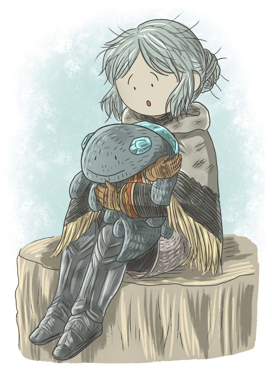 chosen undead, dark souls (series), dark souls i, commentary request, highres, 1girl, :o, armored boots, boots, brown gloves, capelet, crystal lizard (fromsoftware), empthylee, full body, gloves, grey capelet, grey hair, hair bun, lizard, messy hair, open mouth, single hair bun, sitting, solo