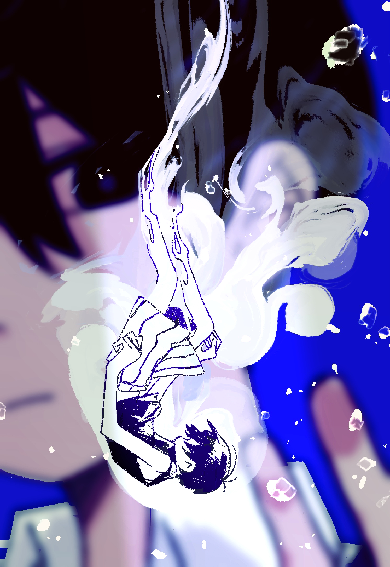 shakomori w, omori (omori), sunny (omori), omori, highres, 2boys, antenna hair, black eyes, black hair, black tank top, blurry, closed mouth, colored skin, depth of field, dual persona, faceless, faceless male, male focus, multiple boys, profile, short hair, shorts, tank top, white shorts, white skin