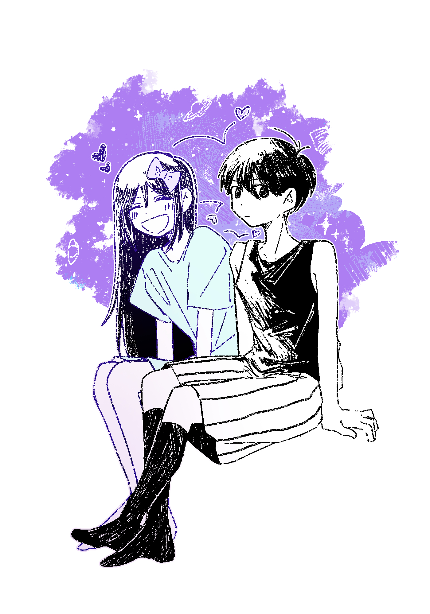 shakomori w, aubrey (headspace) (omori), aubrey (omori), omori (omori), omori, highres, 1boy, 1girl, antenna hair, arm support, barefoot, black hair, black socks, black tank top, blue shirt, blush, bow, closed eyes, closed mouth, colored skin, hair bow, long hair, looking at viewer, open mouth, purple bow, purple hair, shirt, short sleeves, shorts, sitting, smile, socks, tank top, white shorts, white skin