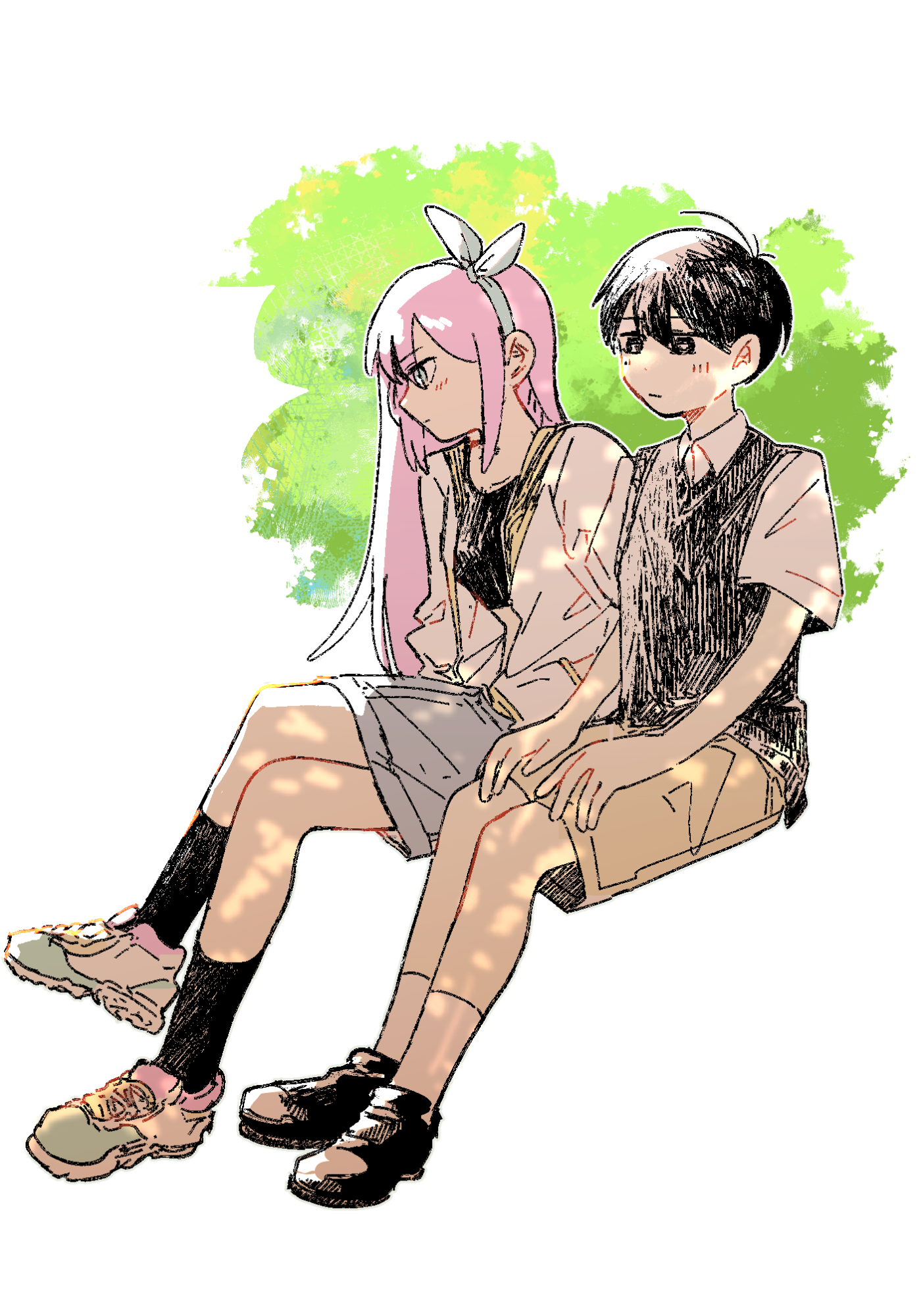 shakomori w, aubrey (faraway) (omori), aubrey (omori), sunny (omori), omori, highres, 1girl, antenna hair, black eyes, black hair, black shoes, black socks, black sweater vest, blue eyes, blue skirt, blush, bright pupils, brown shorts, closed mouth, collared shirt, crop top, denim, denim skirt, hairband, jacket, loafers, long hair, long sleeves, pink hair, shirt, shoes, short hair, short sleeves, shorts, sitting, skirt, sneakers, socks, sweater vest, white jacket, white pupils, white shirt, white socks