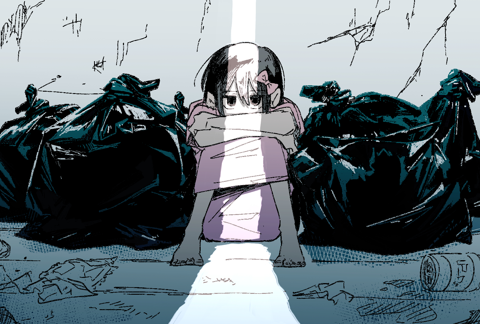 shakomori w, aubrey (faraway) (omori), aubrey (omori), omori, highres, 1girl, aged down, barefoot, black eyes, black hair, bow, crossed arms, hair bow, knees up, long hair, long shirt, looking at viewer, pink bow, pink shirt, shirt, short sleeves, sitting, solo, trash bag