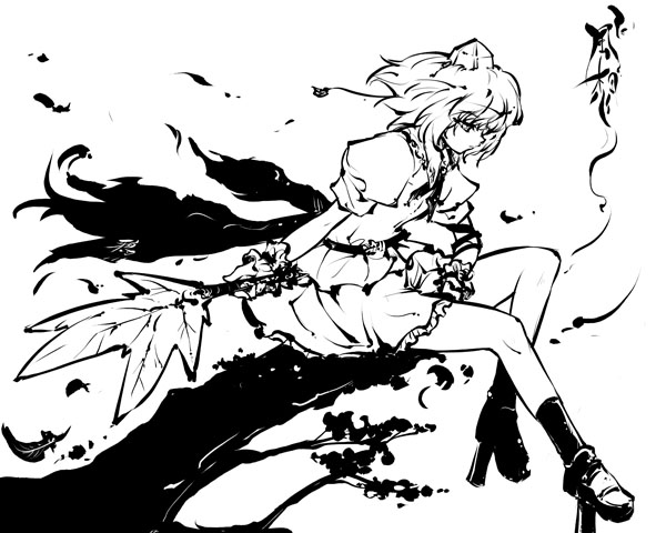tokiame, shameimaru aya, touhou, looking away, 1girl, expressionless, female focus, greyscale, hat, monochrome, profile, solo