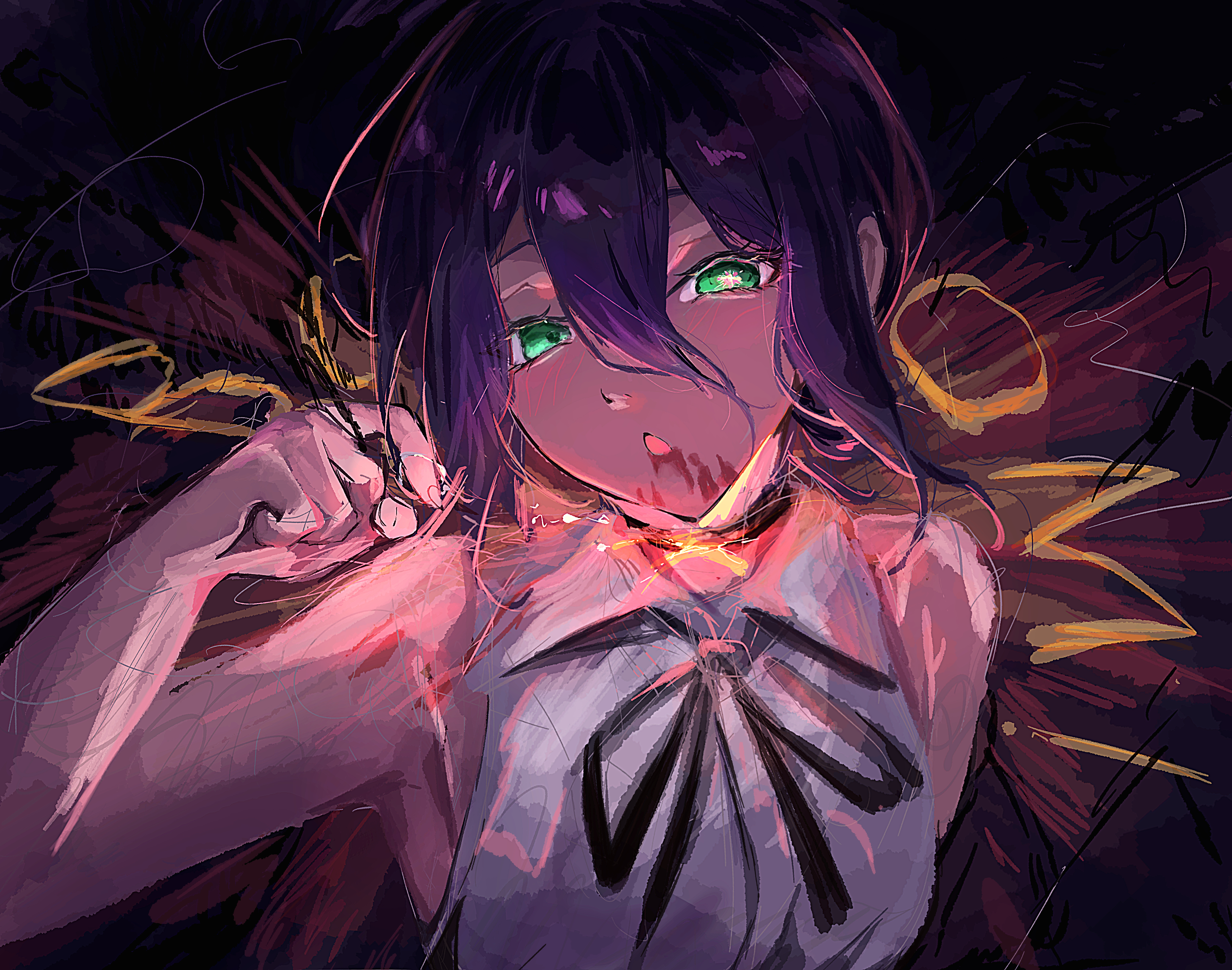 kama boko17, reze (chainsaw man), chainsaw man, absurdres, highres, 1girl, black choker, black ribbon, blood, blood on face, choker, green eyes, grenade pin, grey shirt, hair between eyes, looking at viewer, neck ribbon, purple hair, ribbon, shirt, sleeveless, sleeveless shirt, solo