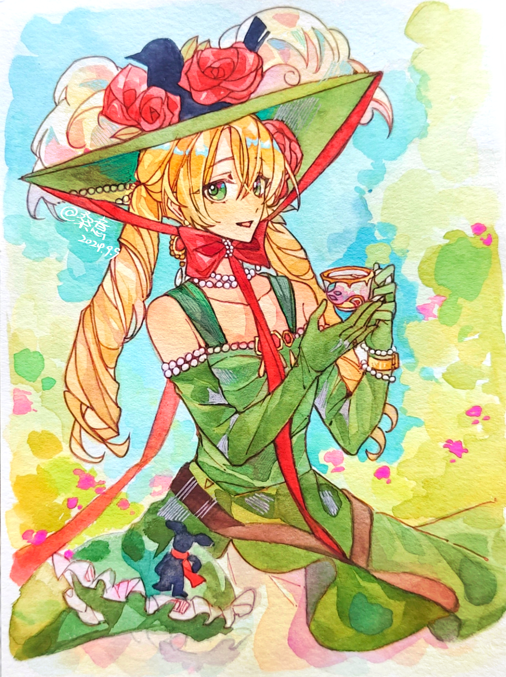 sotheby, reverse:1999, highres, painting (medium), traditional media, watercolor (medium), :d, artist name, bare shoulders, blonde hair, blue sky, bow, chin strap, cup, dated, dress, drill hair, elbow gloves, flower, gloves, green dress, green eyes, green gloves, green hat, hat, hat feather, holding, holding cup, long hair, low twintails, open mouth, picture hat, plant, red bow, red flower, sangyi, sky, sleeveless, sleeveless dress, smile, twin drills, twintails
