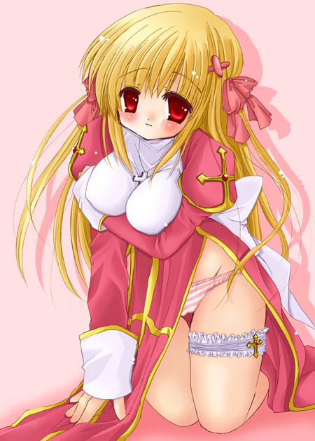 high priest (ragnarok online), ragnarok online, 1girl, blush, breasts, female focus, large breasts, panties, priestess, solo, striped clothes, striped panties, underwear