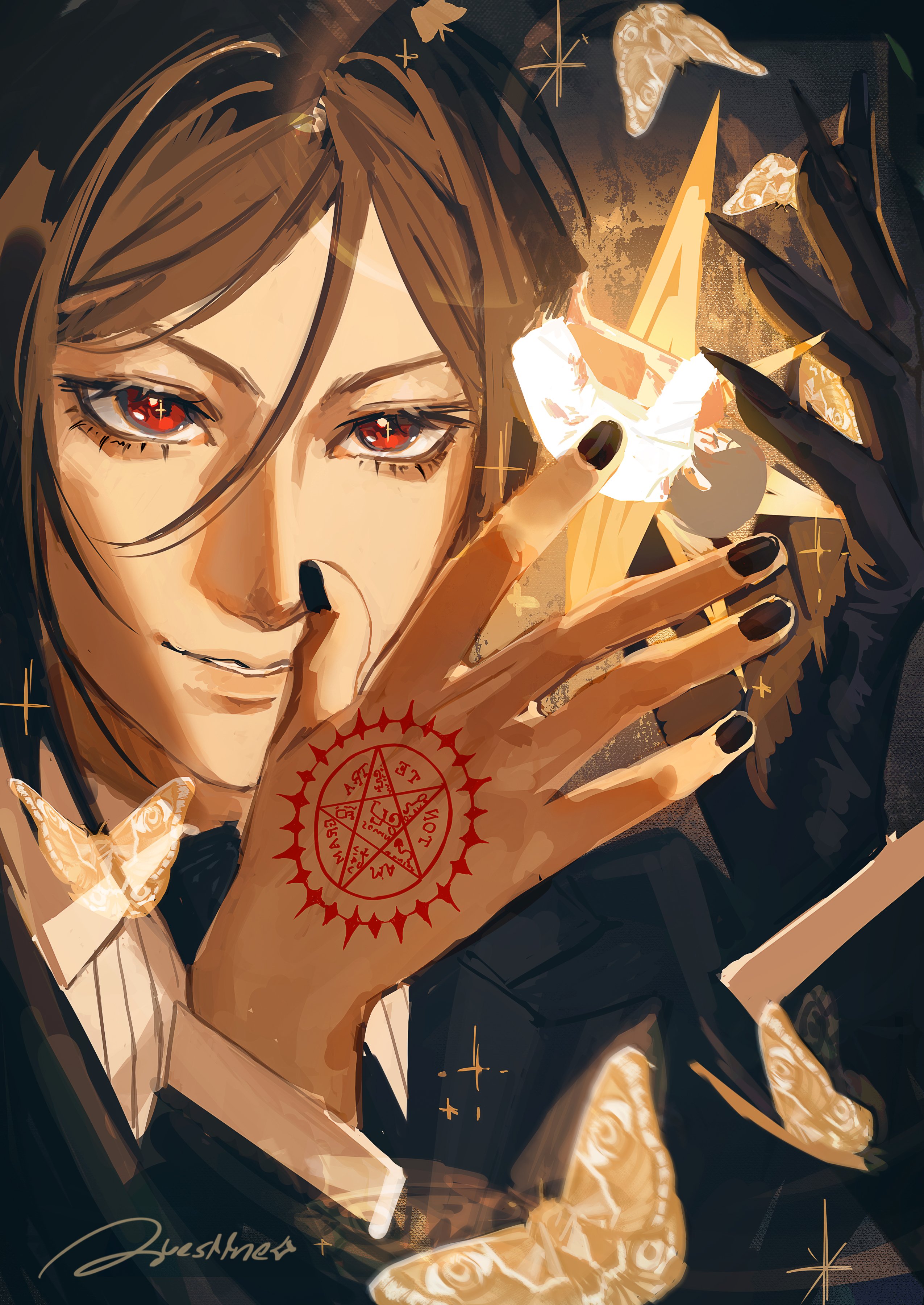 questtneo, ciel phantomhive, sebastian michaelis, kuroshitsuji, absurdres, highres, 2boys, black nails, bug, eyelashes, hand tattoo, insect, lips, male focus, moth, multiple boys, parted lips, red eyes, smile, tattoo