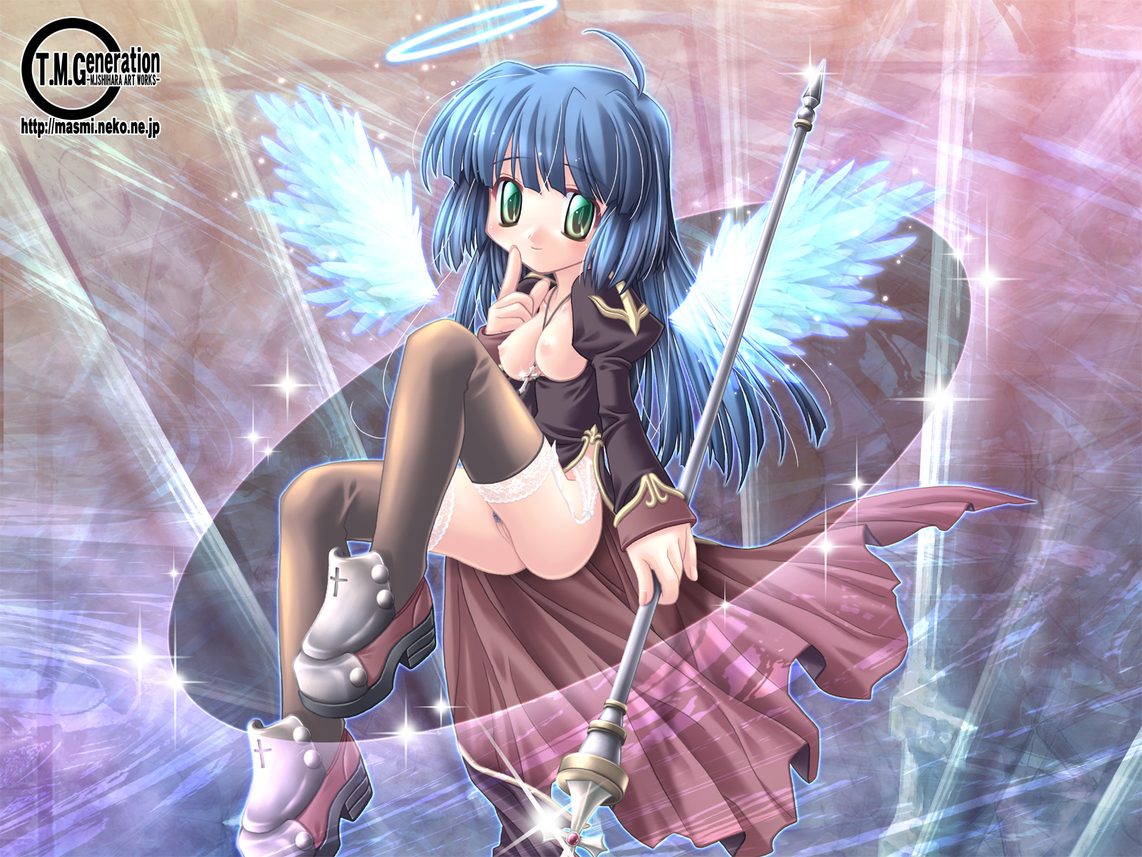 ishihara masumi, priest (ragnarok online), ragnarok online, highres, 1girl, angel, blue hair, breastless clothes, breasts, breasts out, female focus, female pubic hair, flying, garter straps, green eyes, long hair, no panties, nurse, priest, pubic hair, pussy, side slit, smile, solo, thighhighs, uncensored, wings