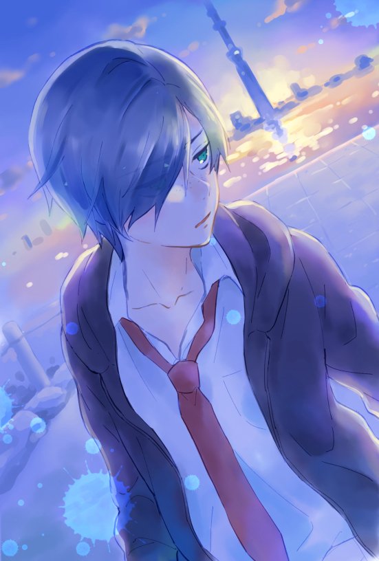noiseplus, kuji toi, sarazanmai, commentary request, 1boy, collarbone, collared shirt, dusk, freckles, hair over one eye, jacket, long sleeves, male focus, necktie, open clothes, open jacket, outdoors, parted lips, red necktie, shirt, short hair, solo, white shirt